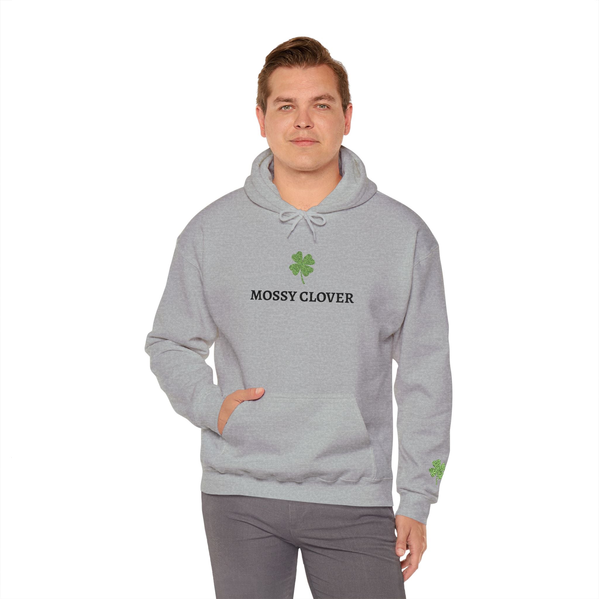 Mossy Clover Hoodie — Embroidered Green Four-Leaf Clover Graphic Pullover