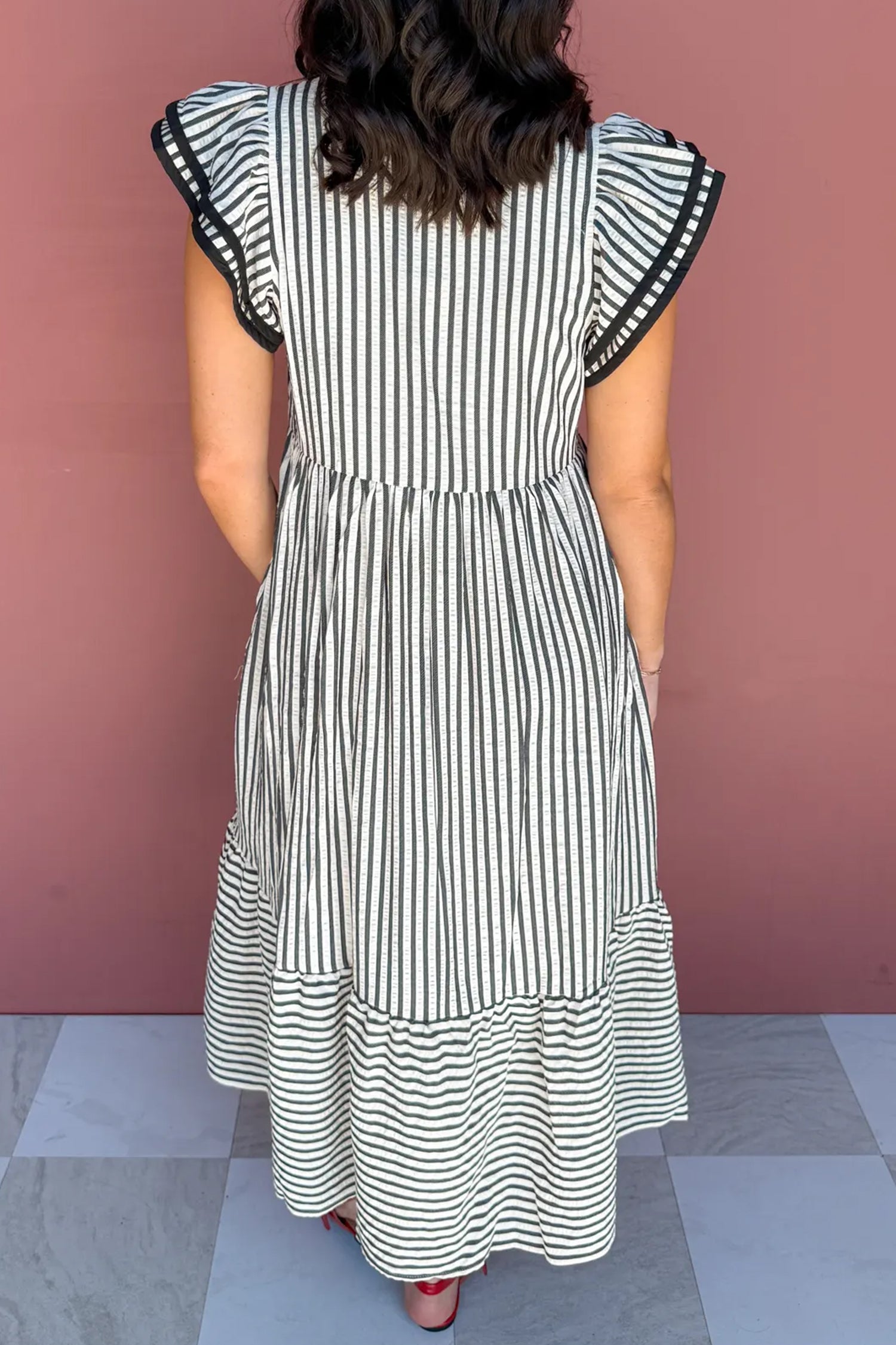 Harbor Stripe Maxi Dress — Tiered V-Neck Dress