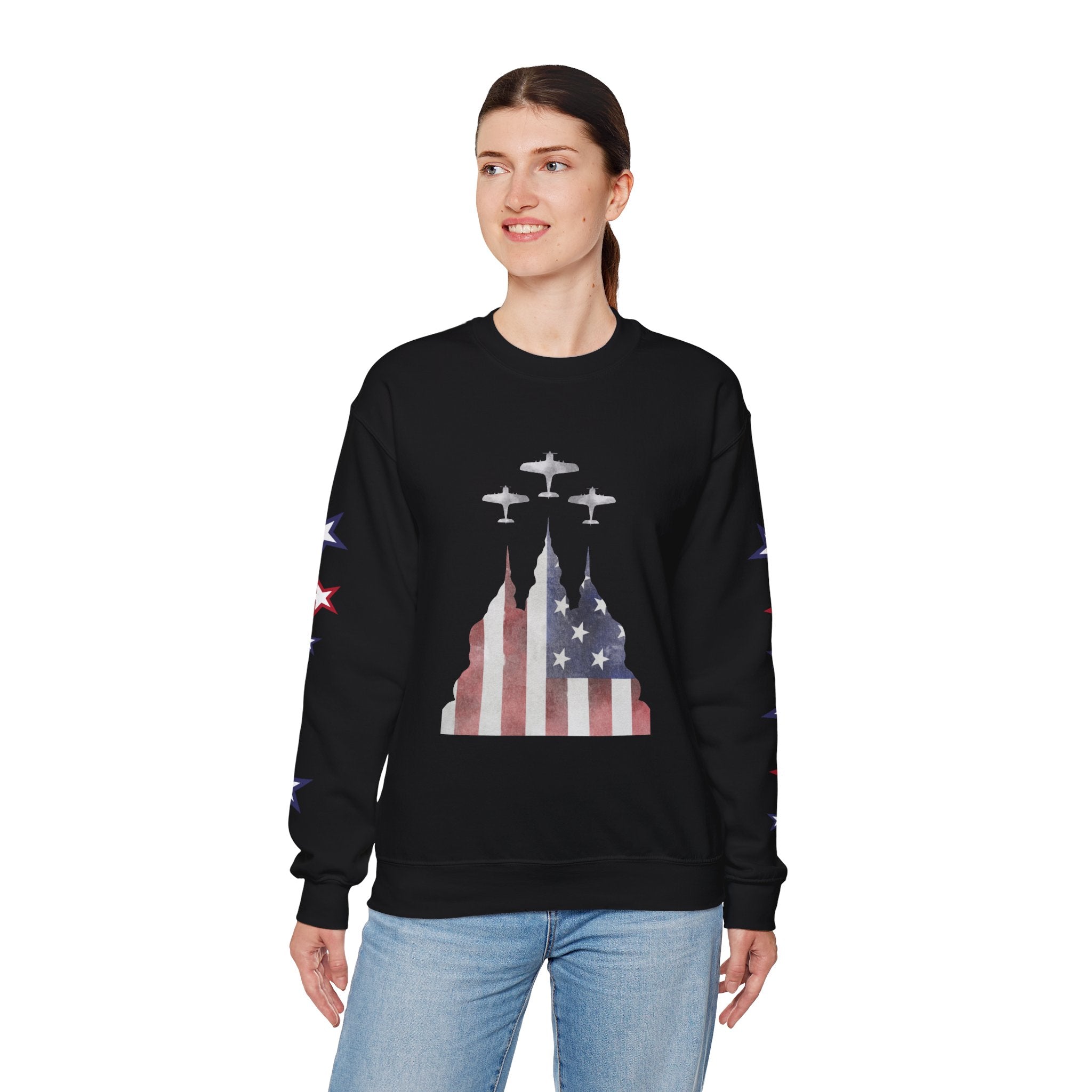 American Flag Castle Crewneck Sweatshirt — Patriotic Stars Sleeve Pullover