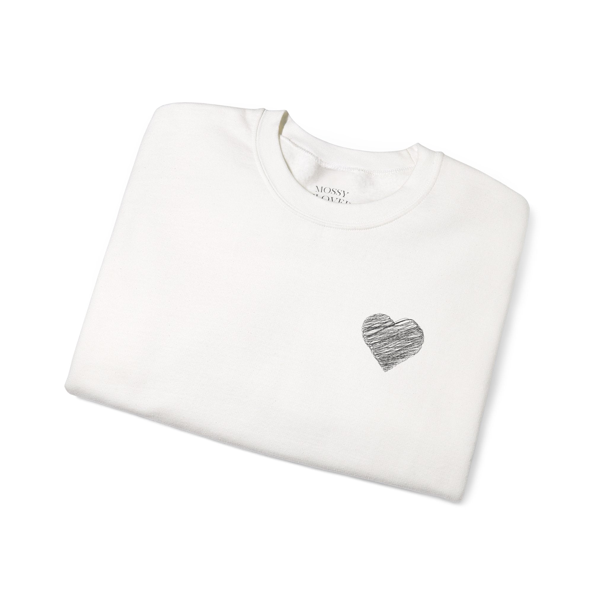 White Crewneck Sweatshirt with Small Gray Heart Chest Design