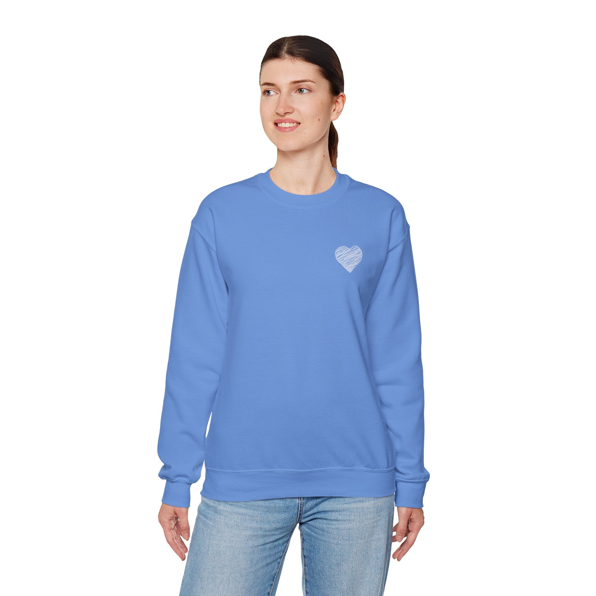White Crewneck Sweatshirt with Small Gray Heart Chest Design