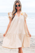 Linen Embroidery Pom Pom Ruffle Dress