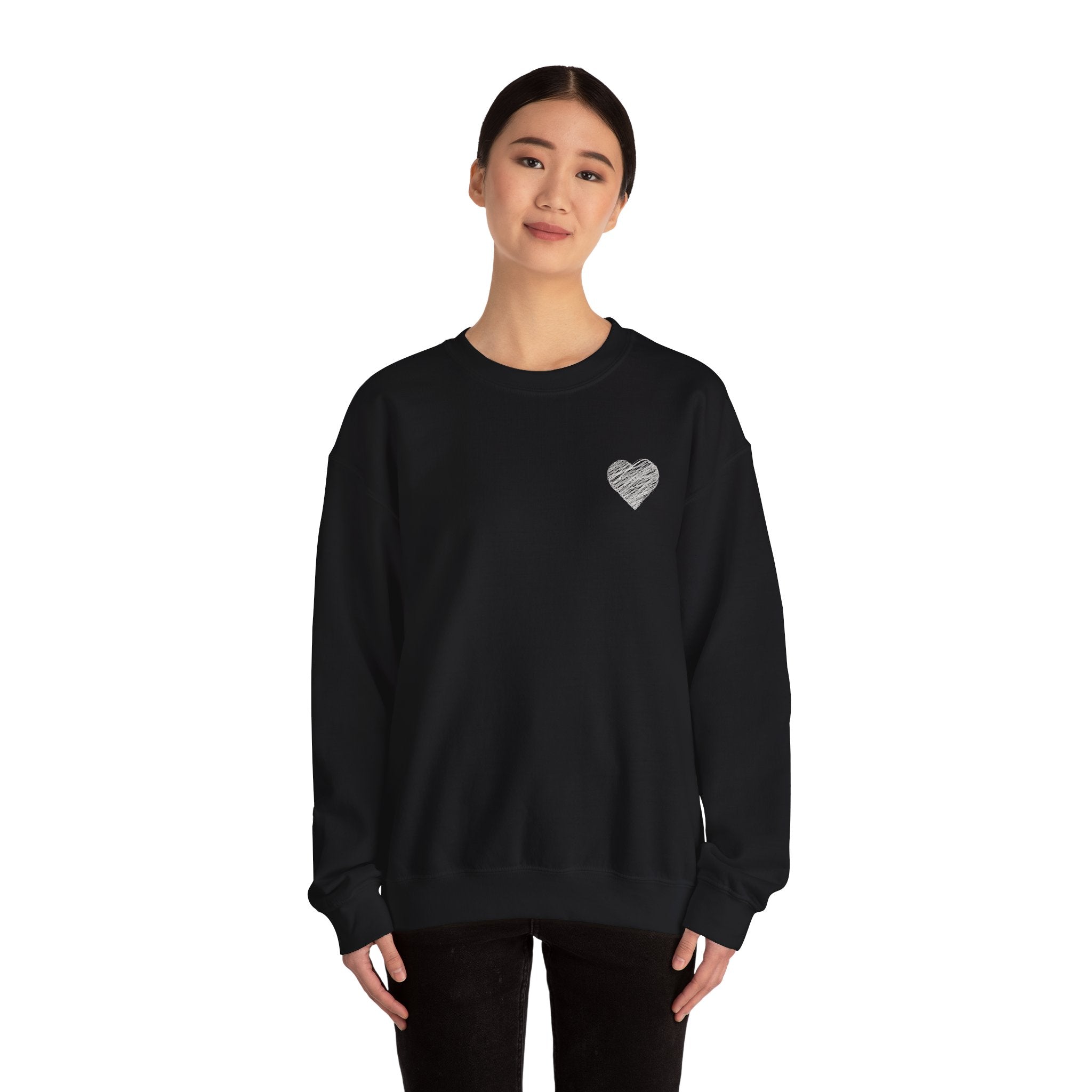 White Crewneck Sweatshirt with Small Gray Heart Chest Design