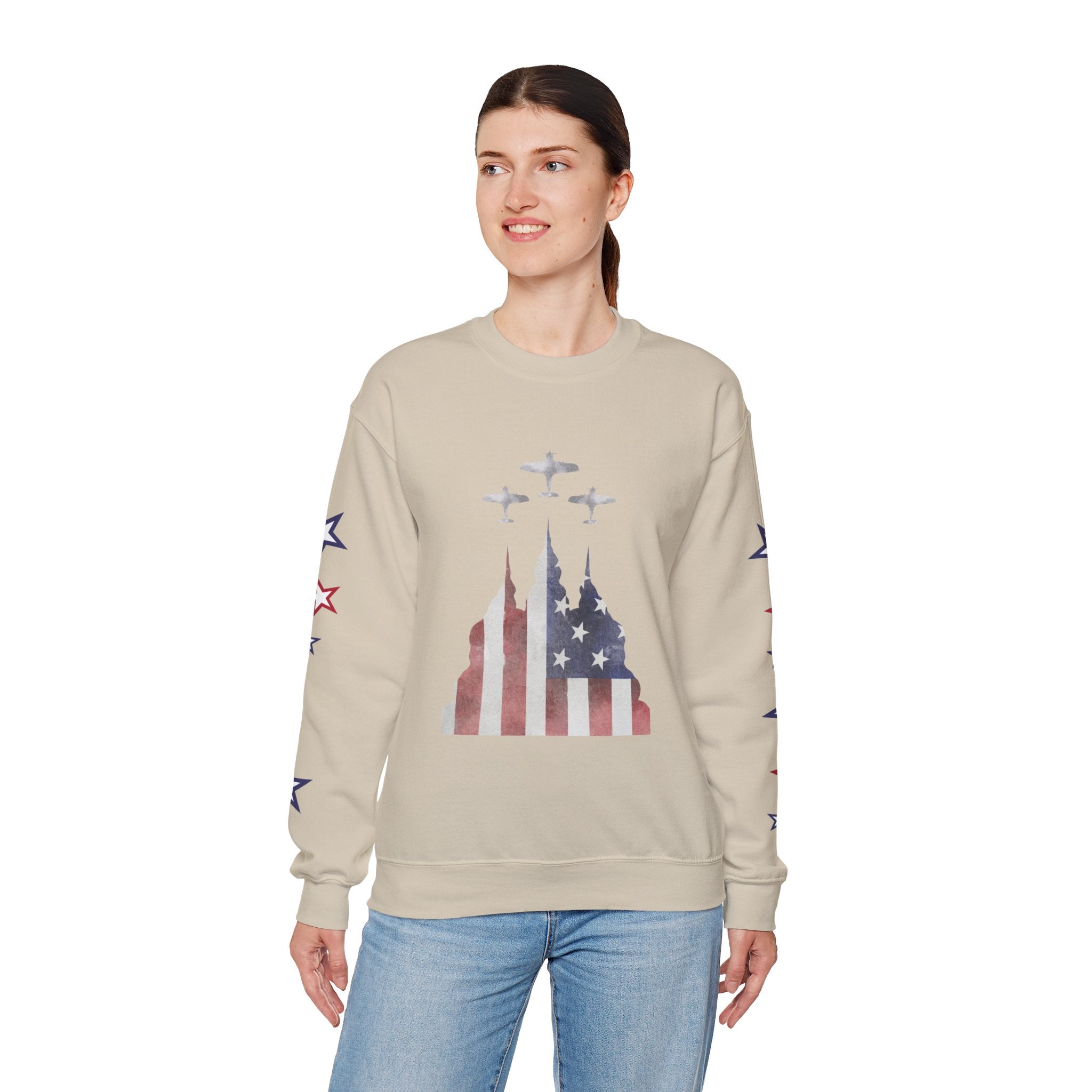 American Flag Castle Crewneck Sweatshirt — Patriotic Stars Sleeve Pullover