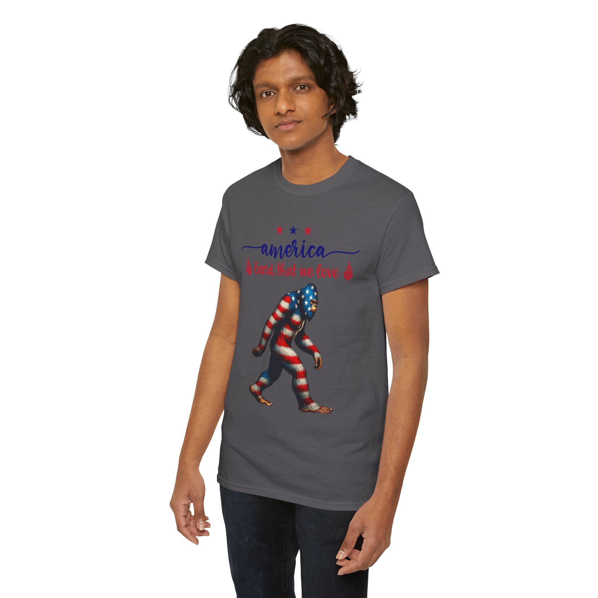 America “Land That We Love” Patriotic T‑Shirt — Flag Sasquatch Graphic Tee
