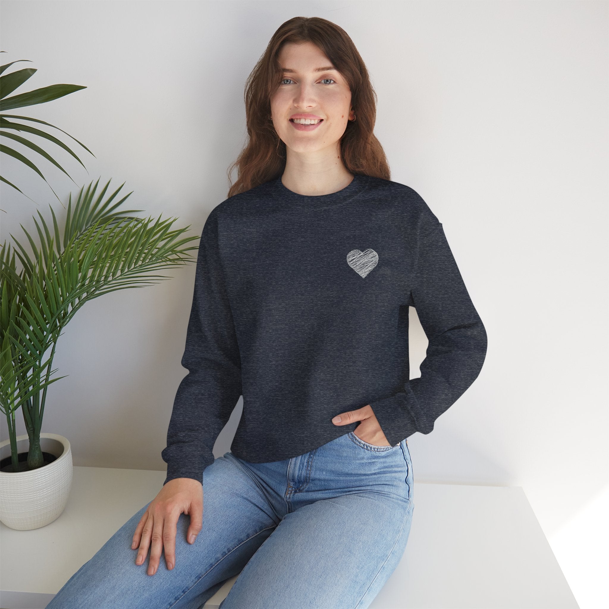 White Crewneck Sweatshirt with Small Gray Heart Chest Design