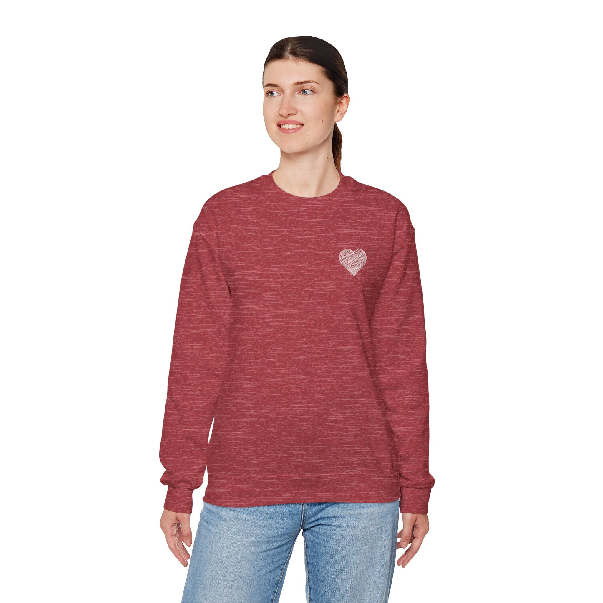 White Crewneck Sweatshirt with Small Gray Heart Chest Design