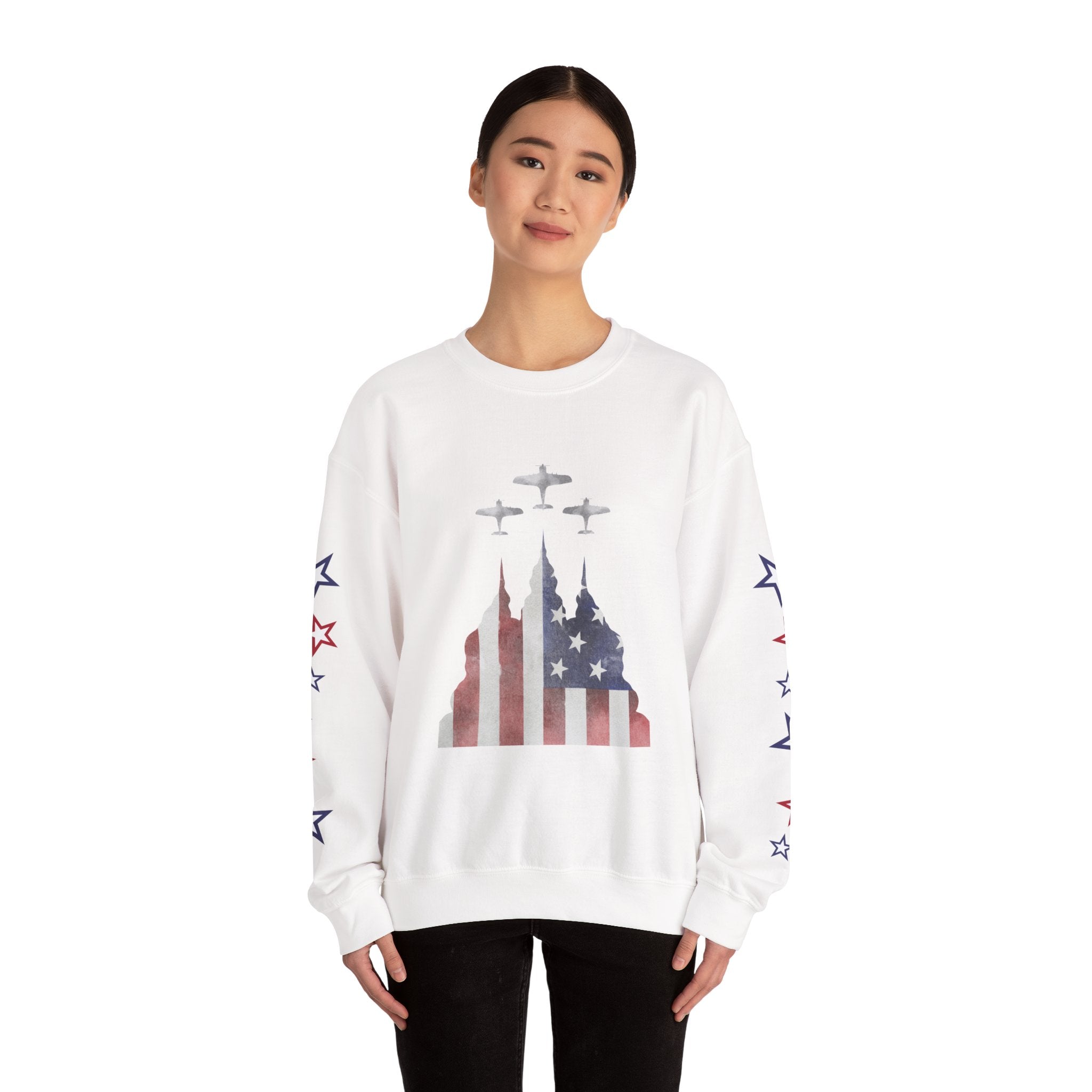 American Flag Castle Crewneck Sweatshirt — Patriotic Stars Sleeve Pullover