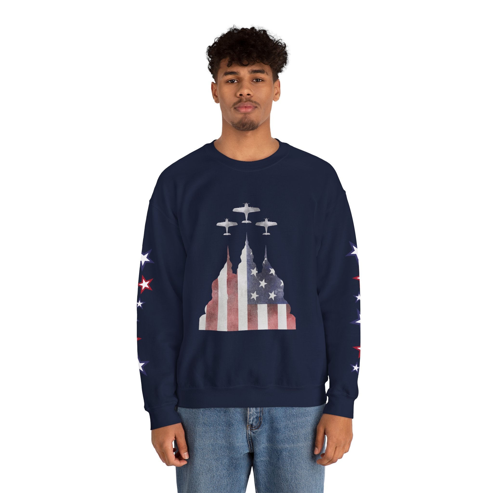 American Flag Castle Crewneck Sweatshirt — Patriotic Stars Sleeve Pullover