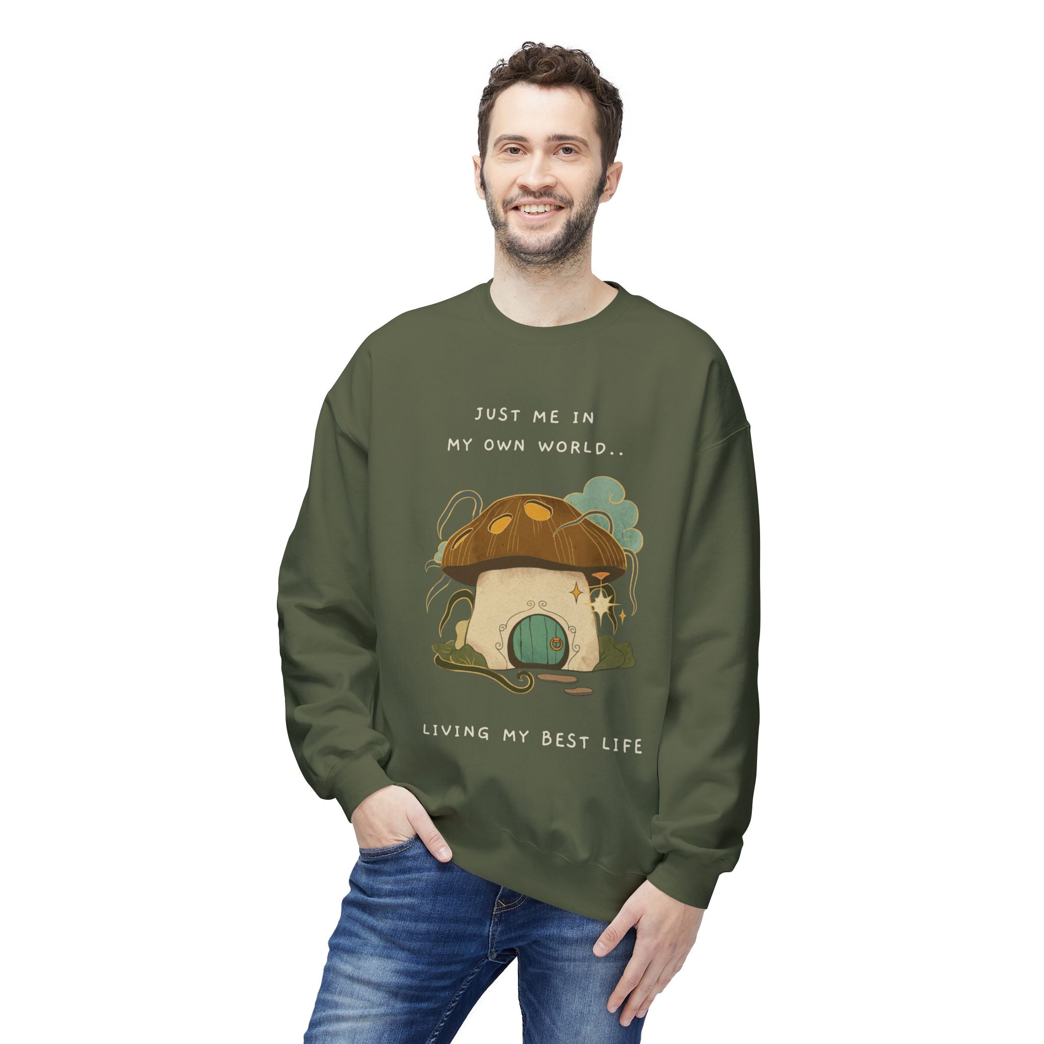 Cozy Mushroom House Sweatshirt — "Just Me In My Own World, Living My Best Life" Crewneck