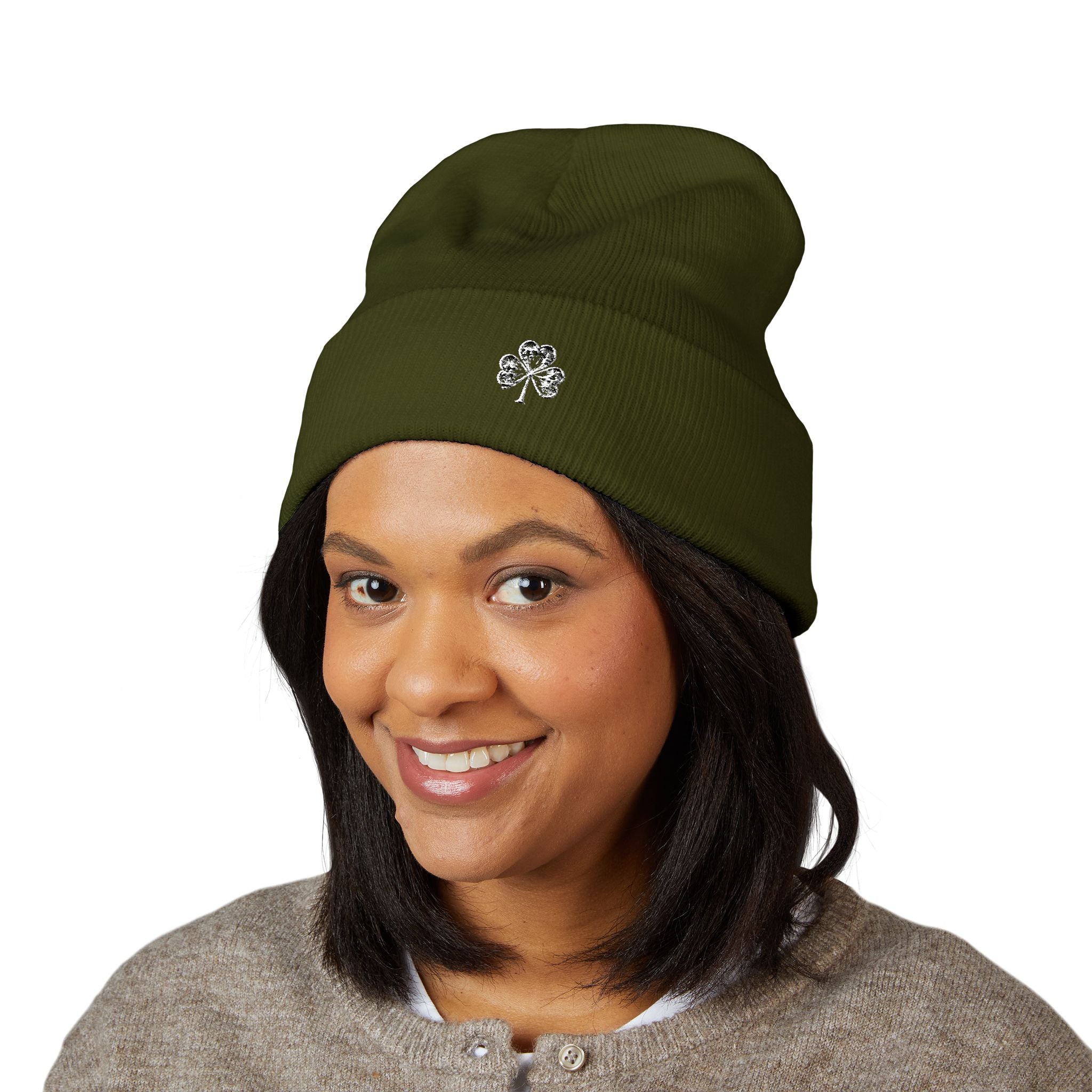 Embroidered Mossy Clover Cuffed Beanie