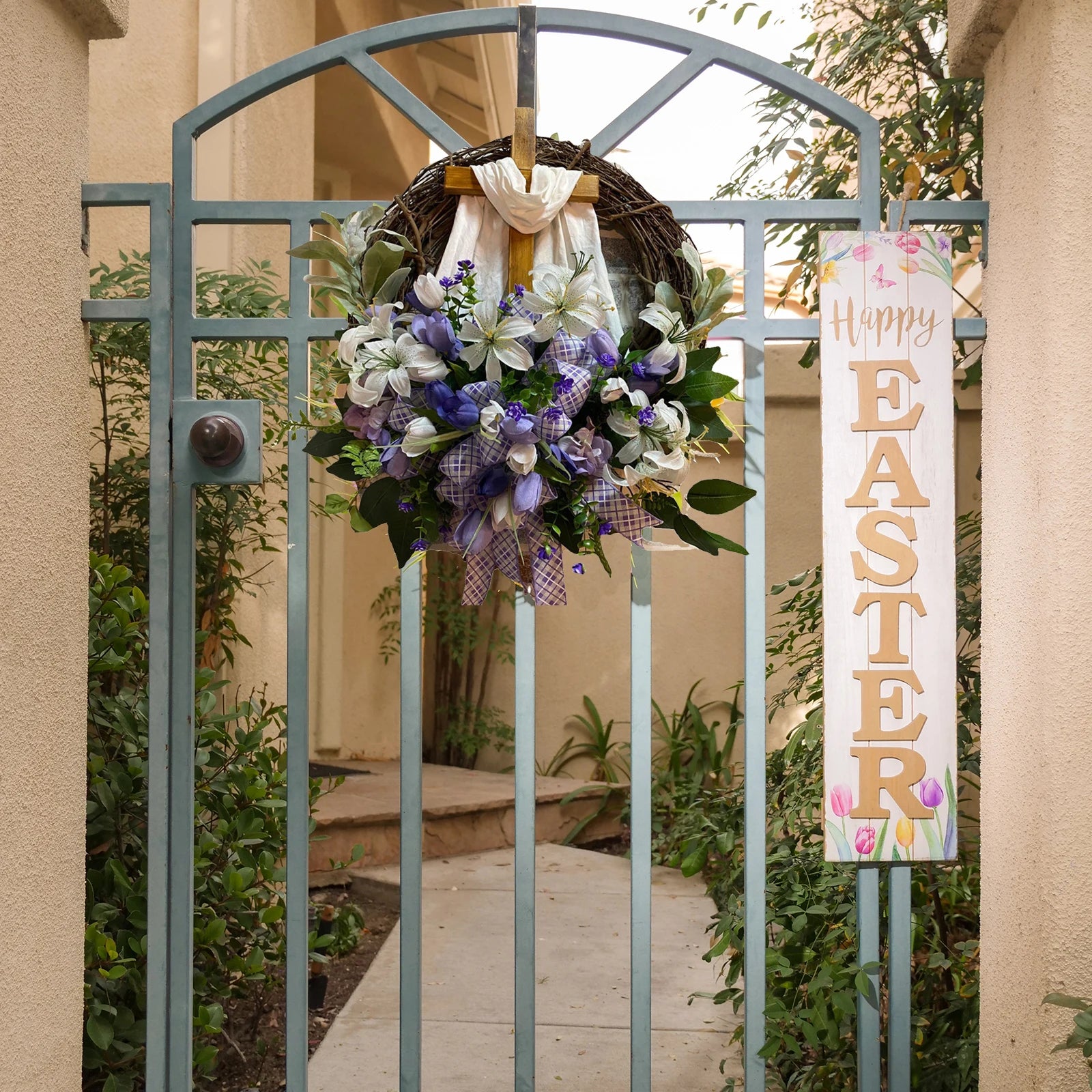 Full Bloom Easter Cross Wreath – Vibrant Spring Door Decor