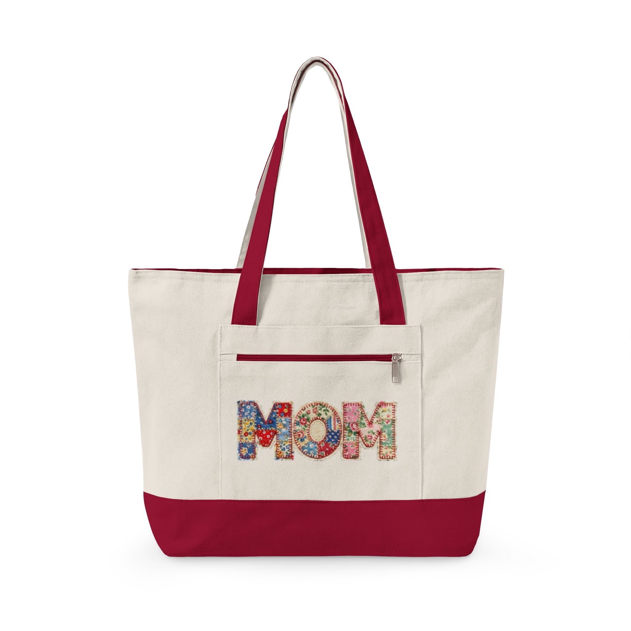 'Mom' Quilted Zippered Canvas Tote Bag – Durable Mom Bag for Mother's Day
