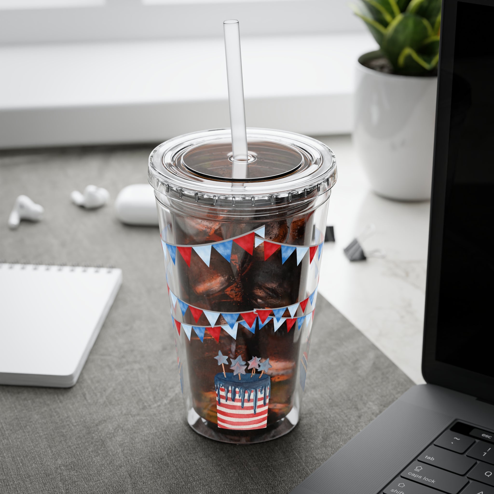 Patriotic Bow 16oz Tumbler with Straw — Red, White & Blue Stars Design