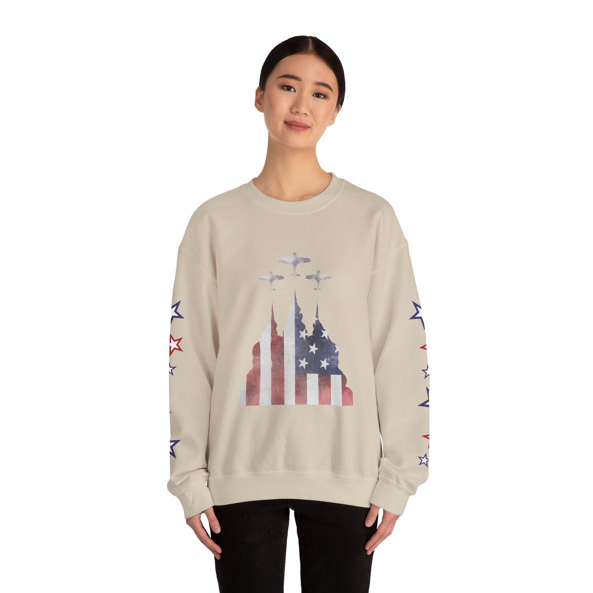 American Flag Castle Crewneck Sweatshirt — Patriotic Stars Sleeve Pullover