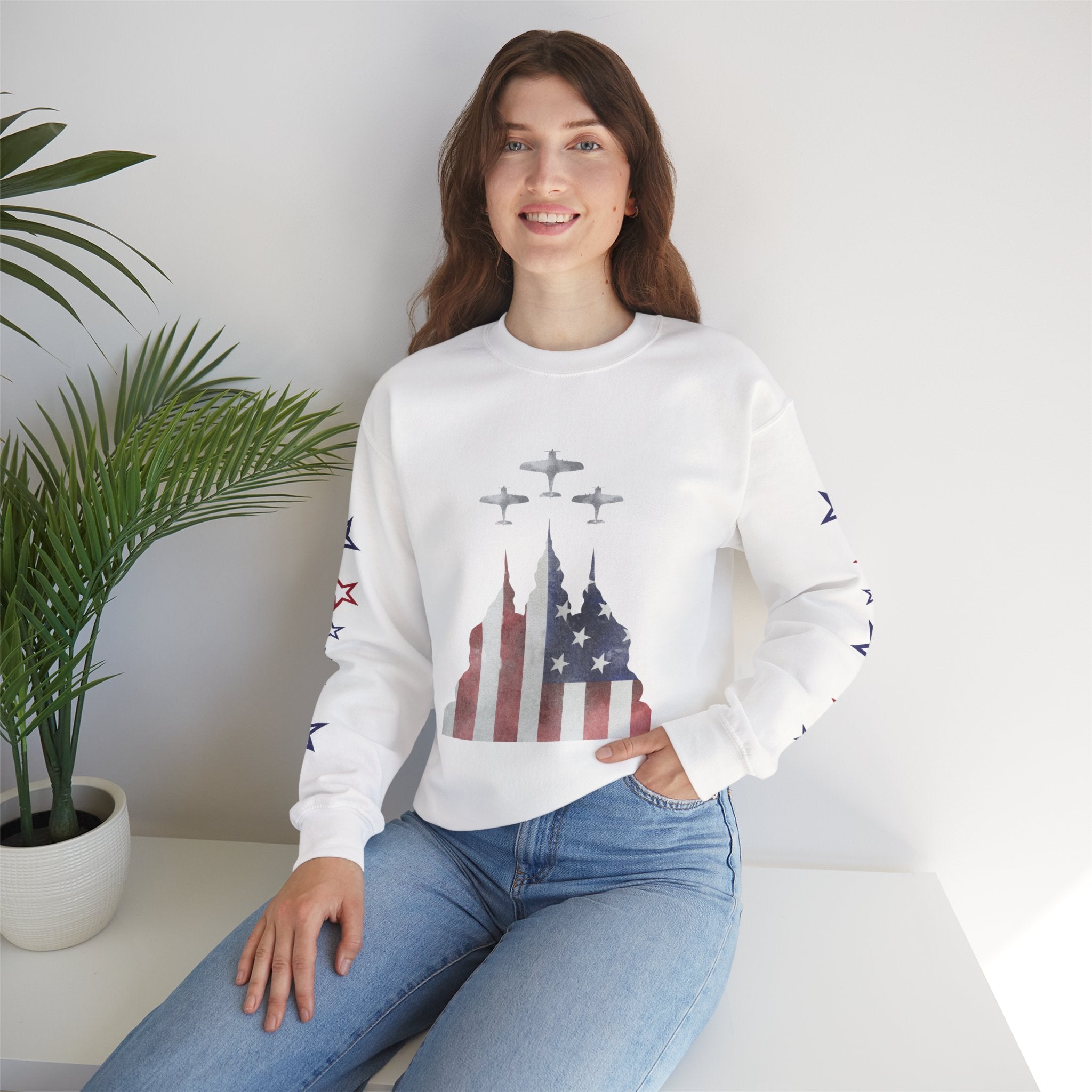 American Flag Castle Crewneck Sweatshirt — Patriotic Stars Sleeve Pullover