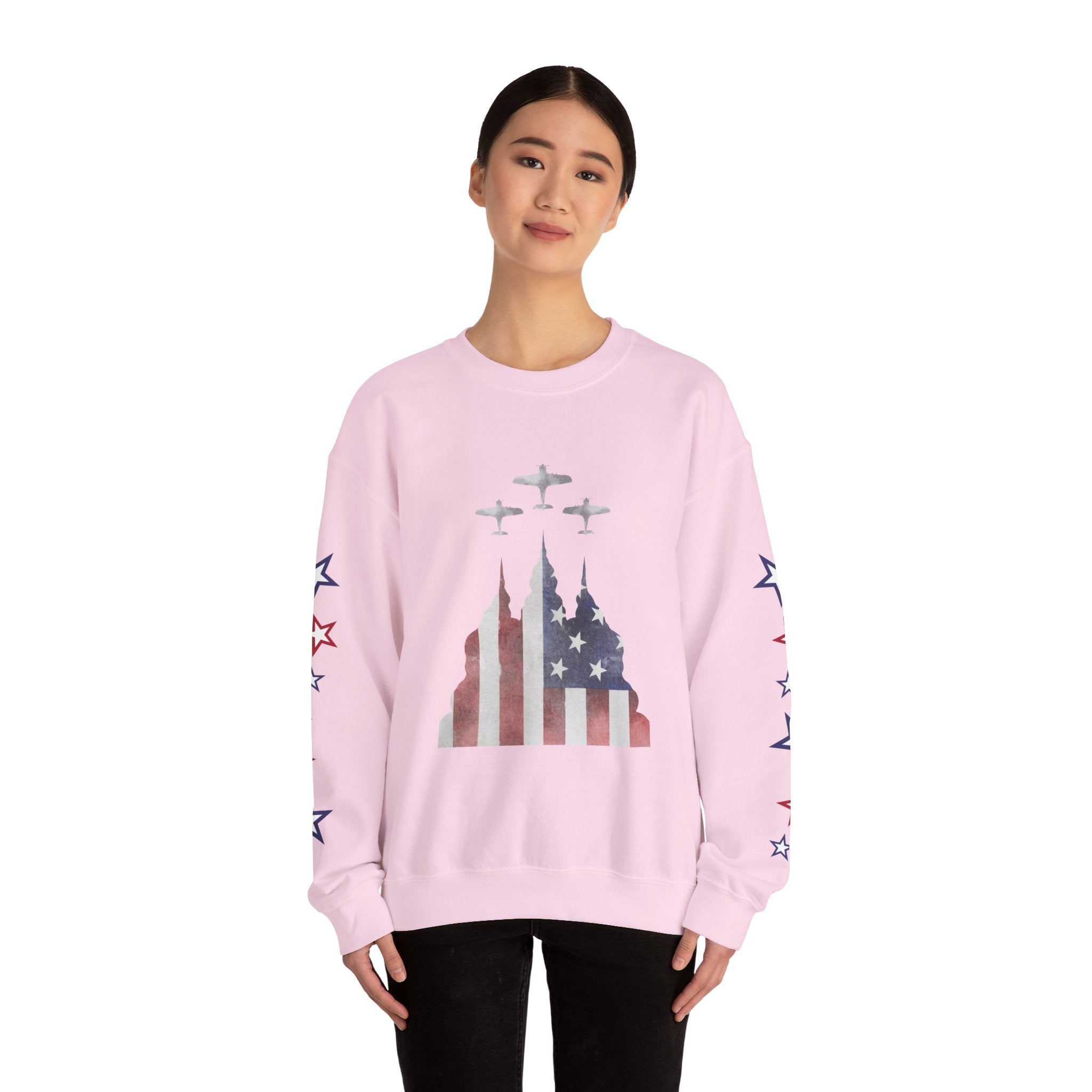American Flag Castle Crewneck Sweatshirt — Patriotic Stars Sleeve Pullover