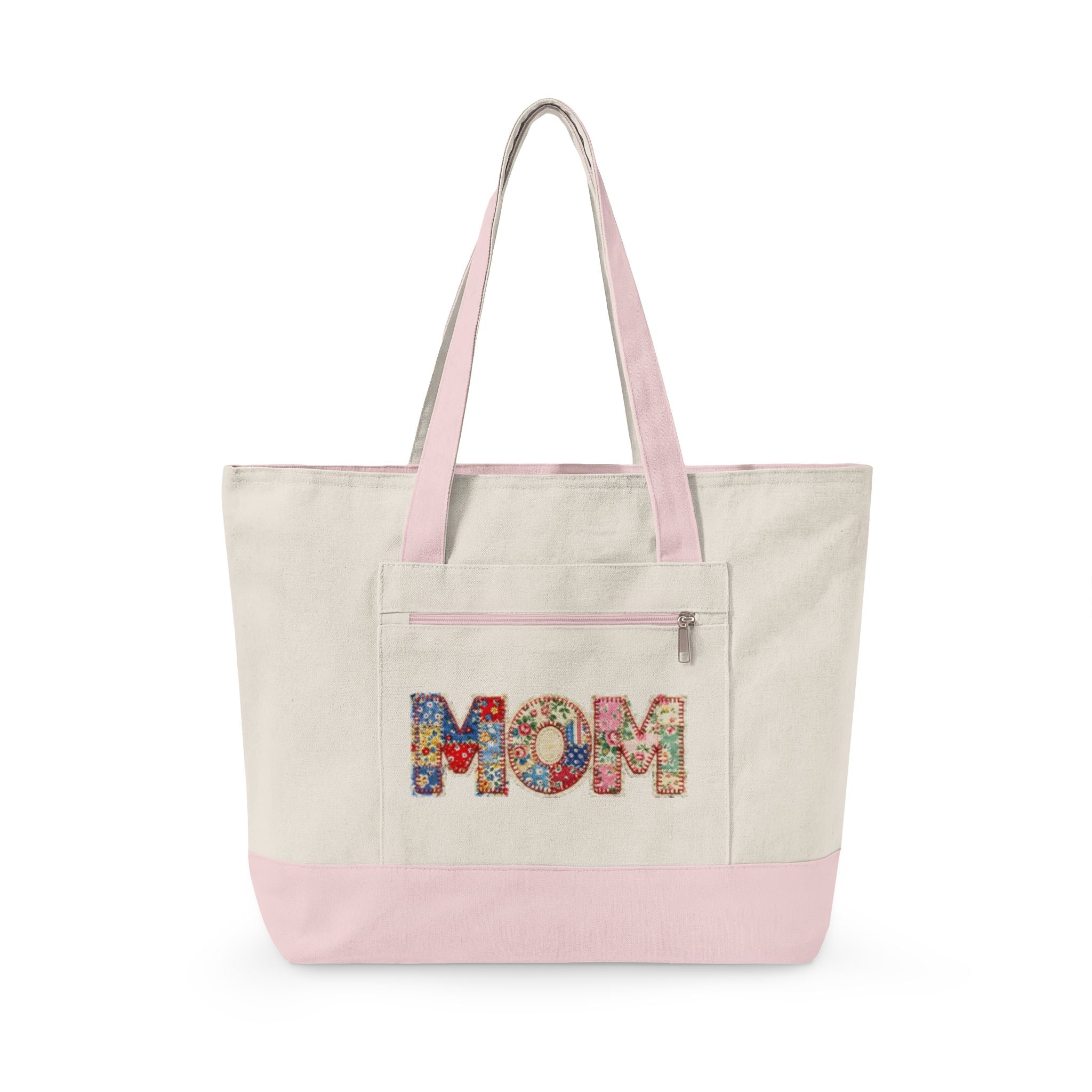 'Mom' Quilted Zippered Canvas Tote Bag – Durable Mom Bag for Mother's Day
