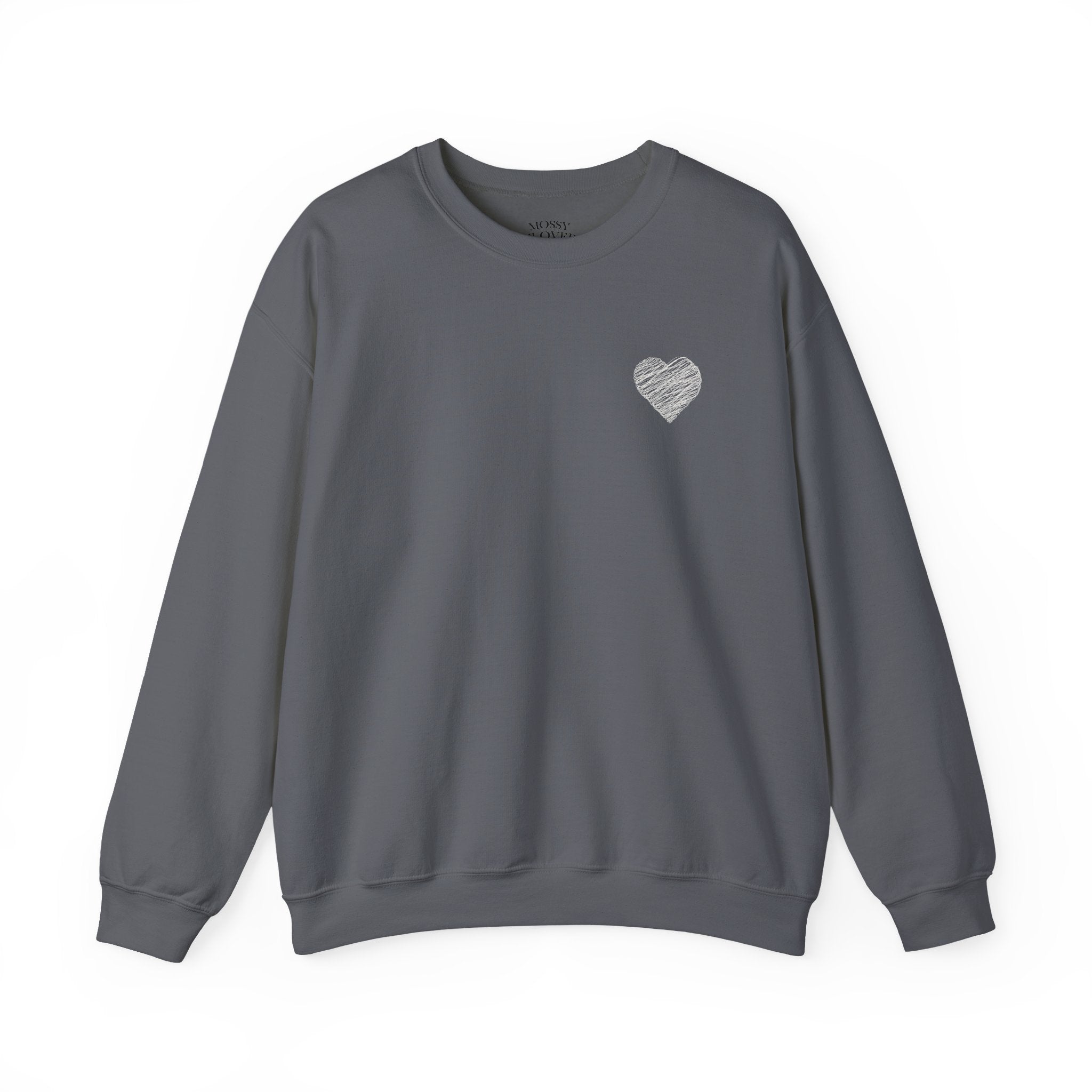 White Crewneck Sweatshirt with Small Gray Heart Chest Design