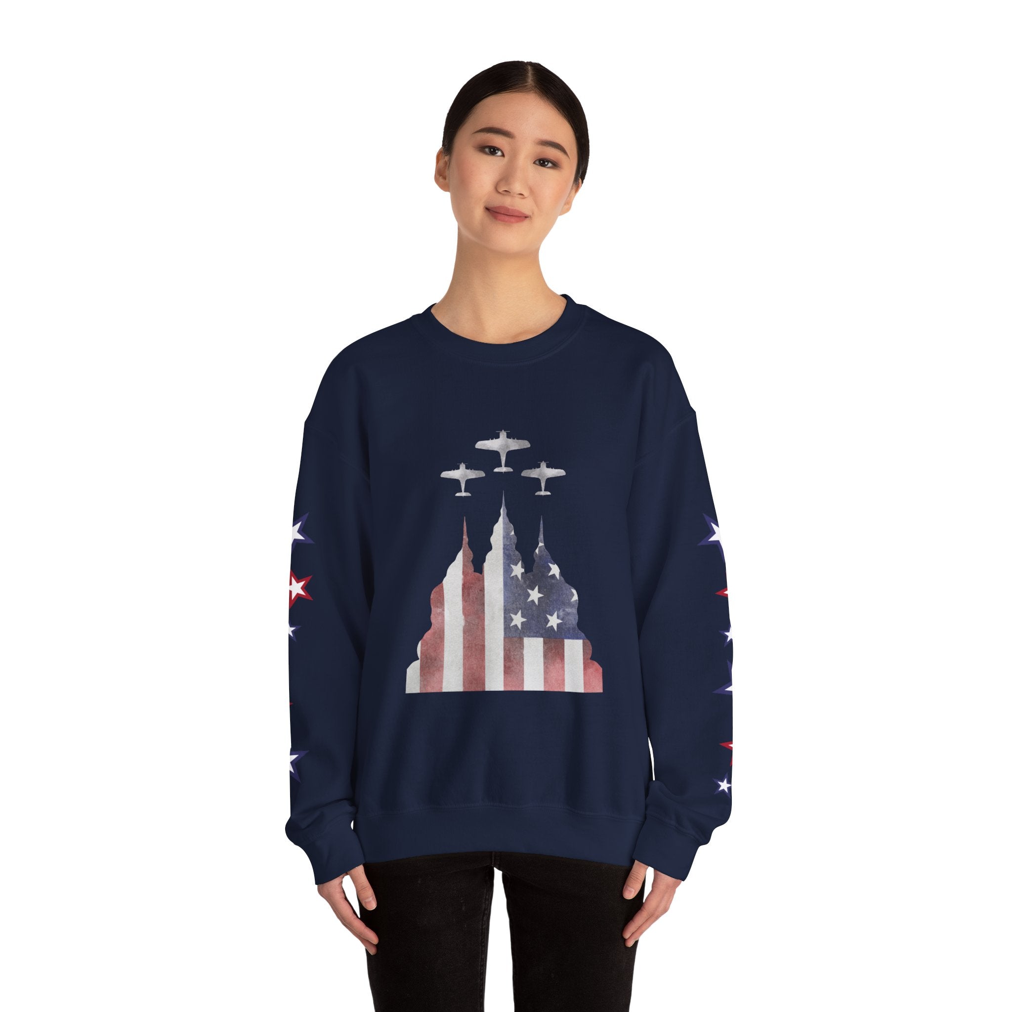 American Flag Castle Crewneck Sweatshirt — Patriotic Stars Sleeve Pullover