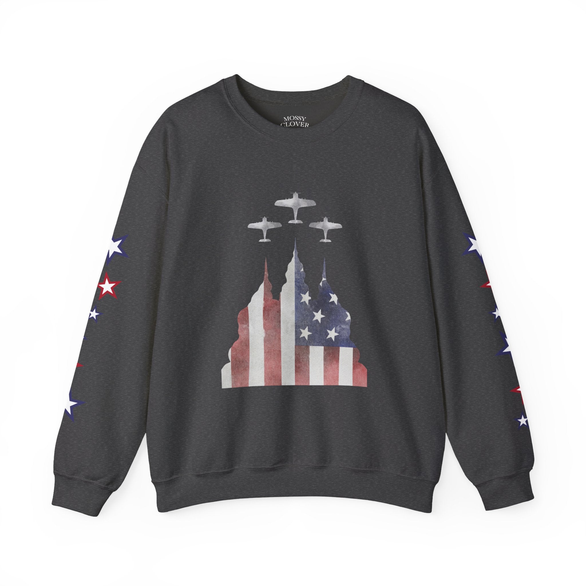 American Flag Castle Crewneck Sweatshirt — Patriotic Stars Sleeve Pullover