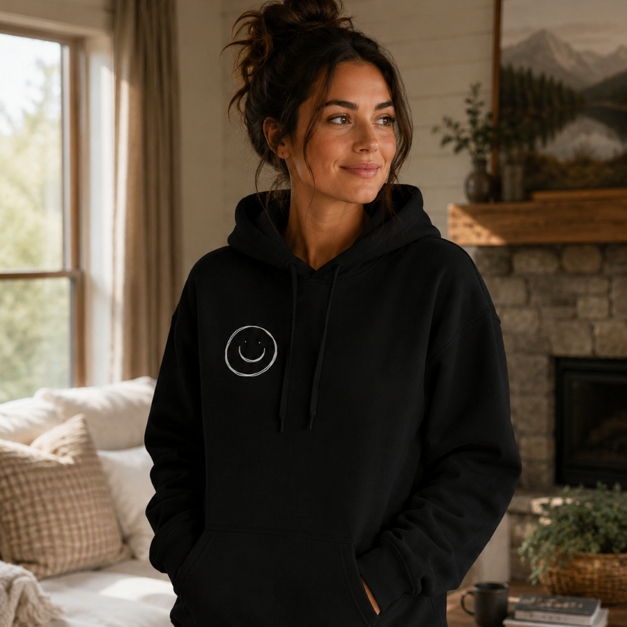 Minimalist Smiley Face  Hoodie — Small Chest Graphic Unisex