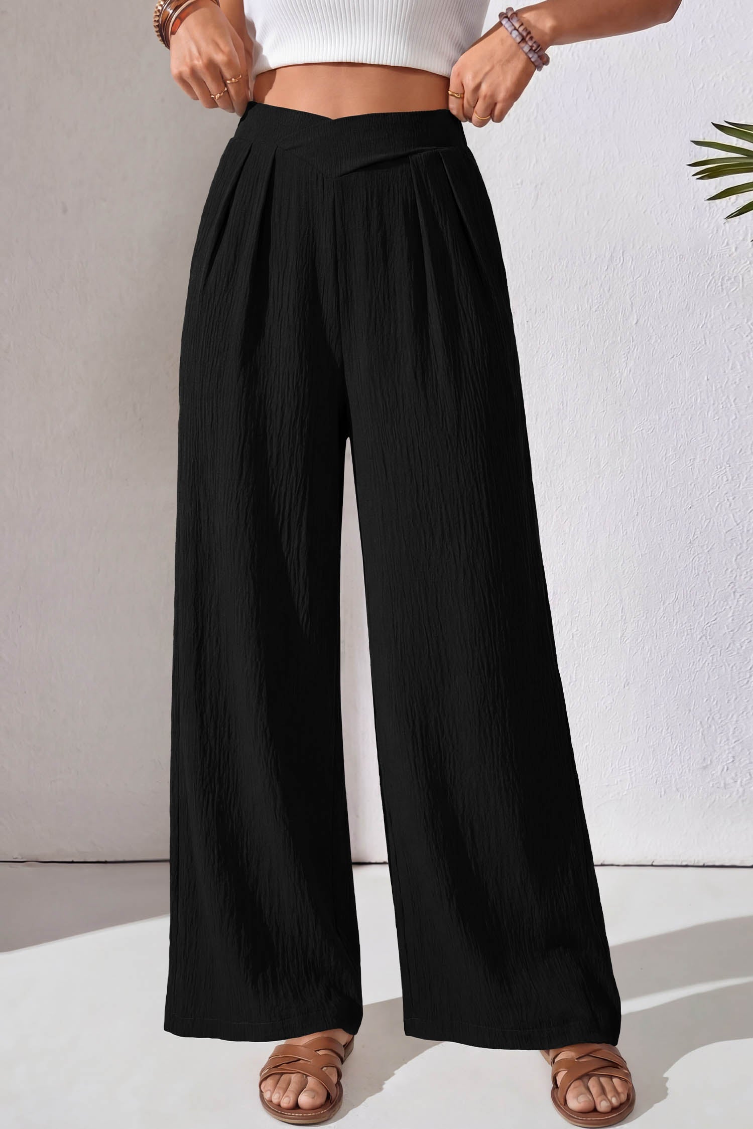 Contour Cross-Waist Trousers — Textured Wide-Leg Pants