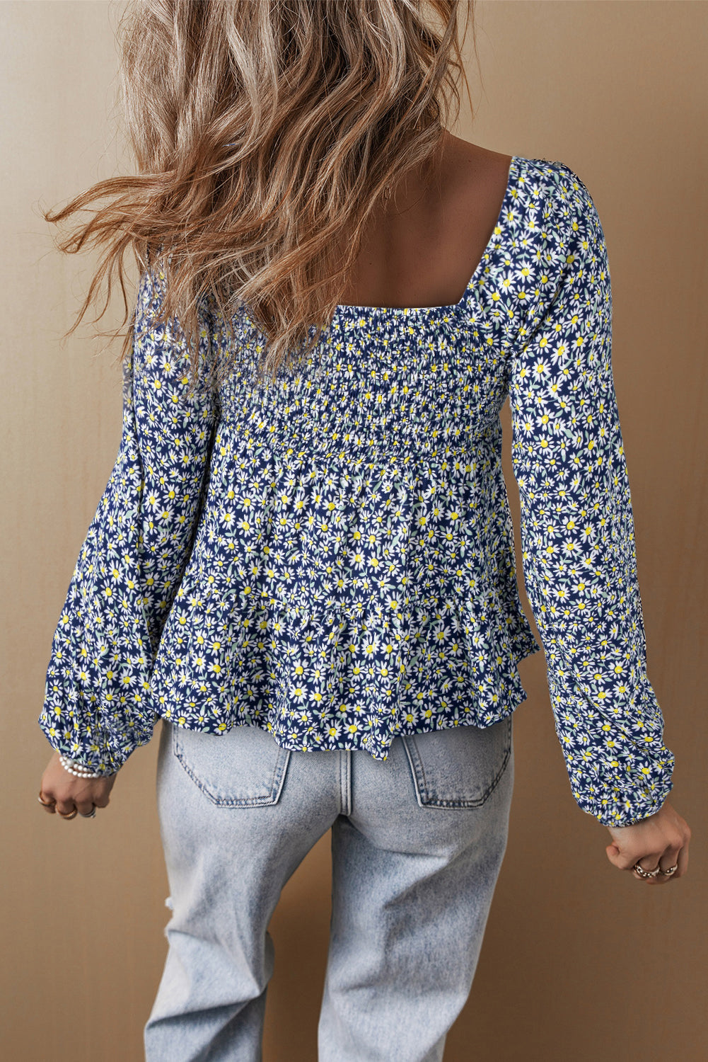 The Sky Bloom Smocked Square Neck Loose Fit Blouse