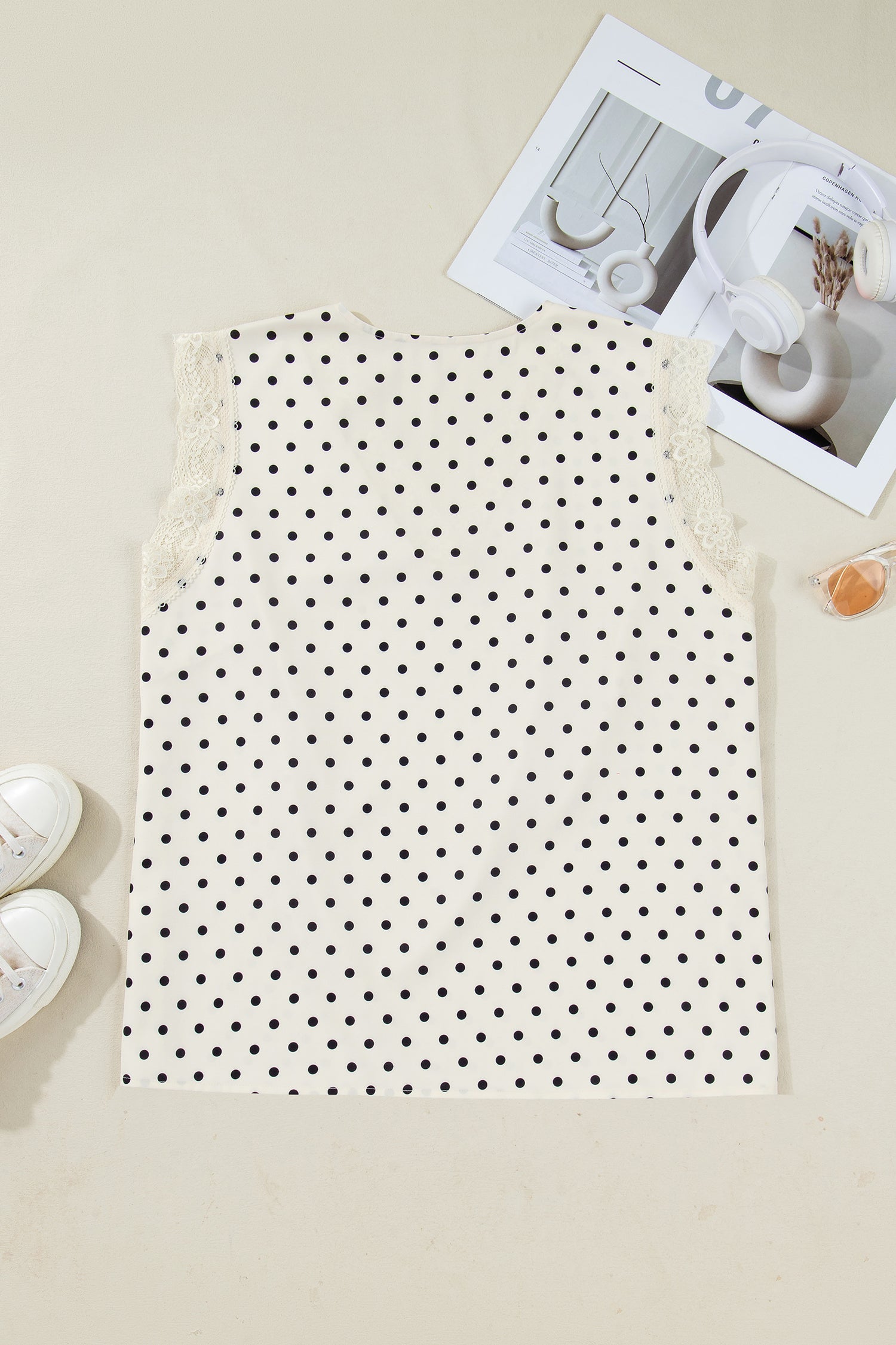 Dottie Lace V-Neck Top — Sleeveless Polka Dot Blouse