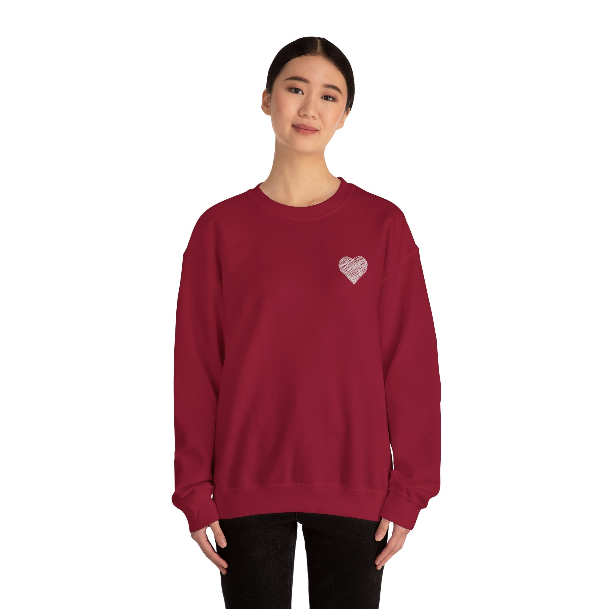 White Crewneck Sweatshirt with Small Gray Heart Chest Design