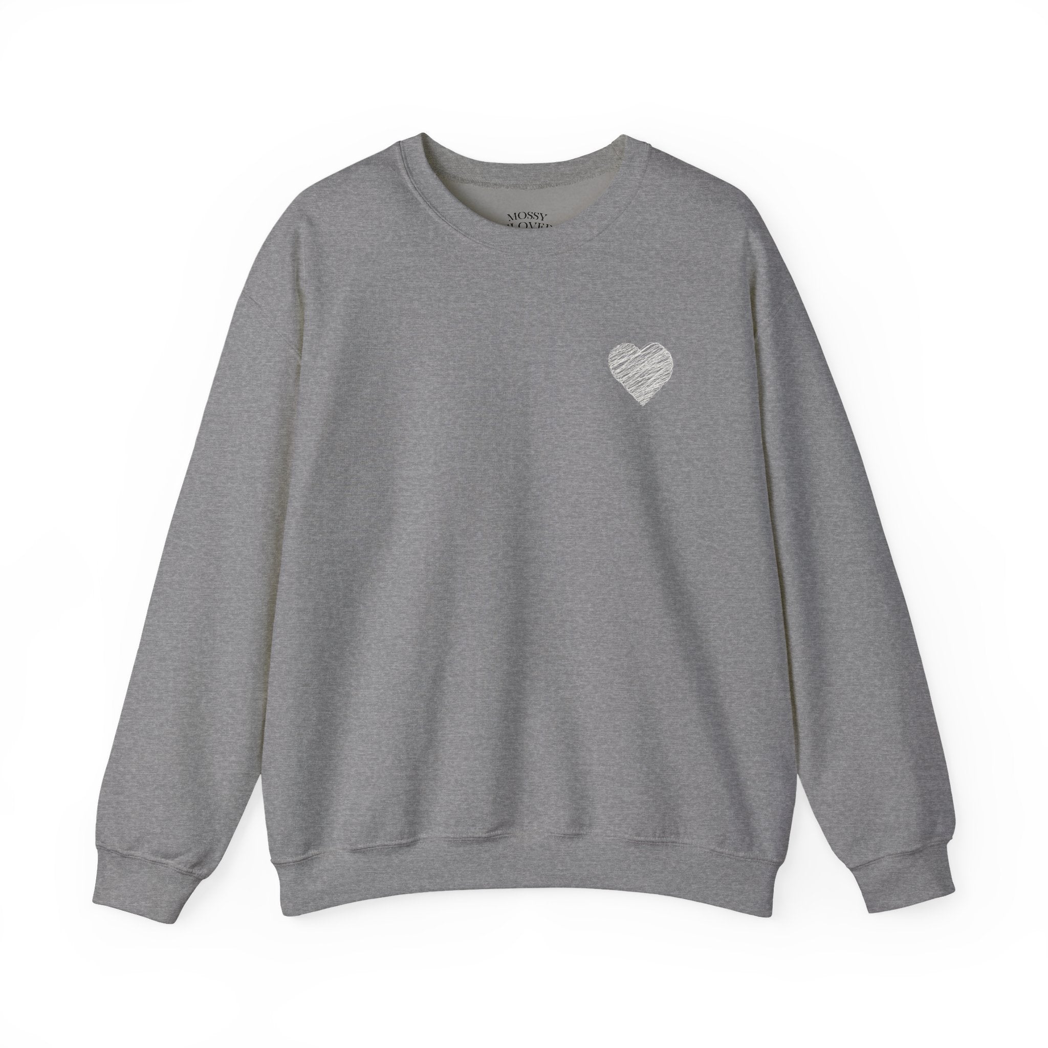 White Crewneck Sweatshirt with Small Gray Heart Chest Design