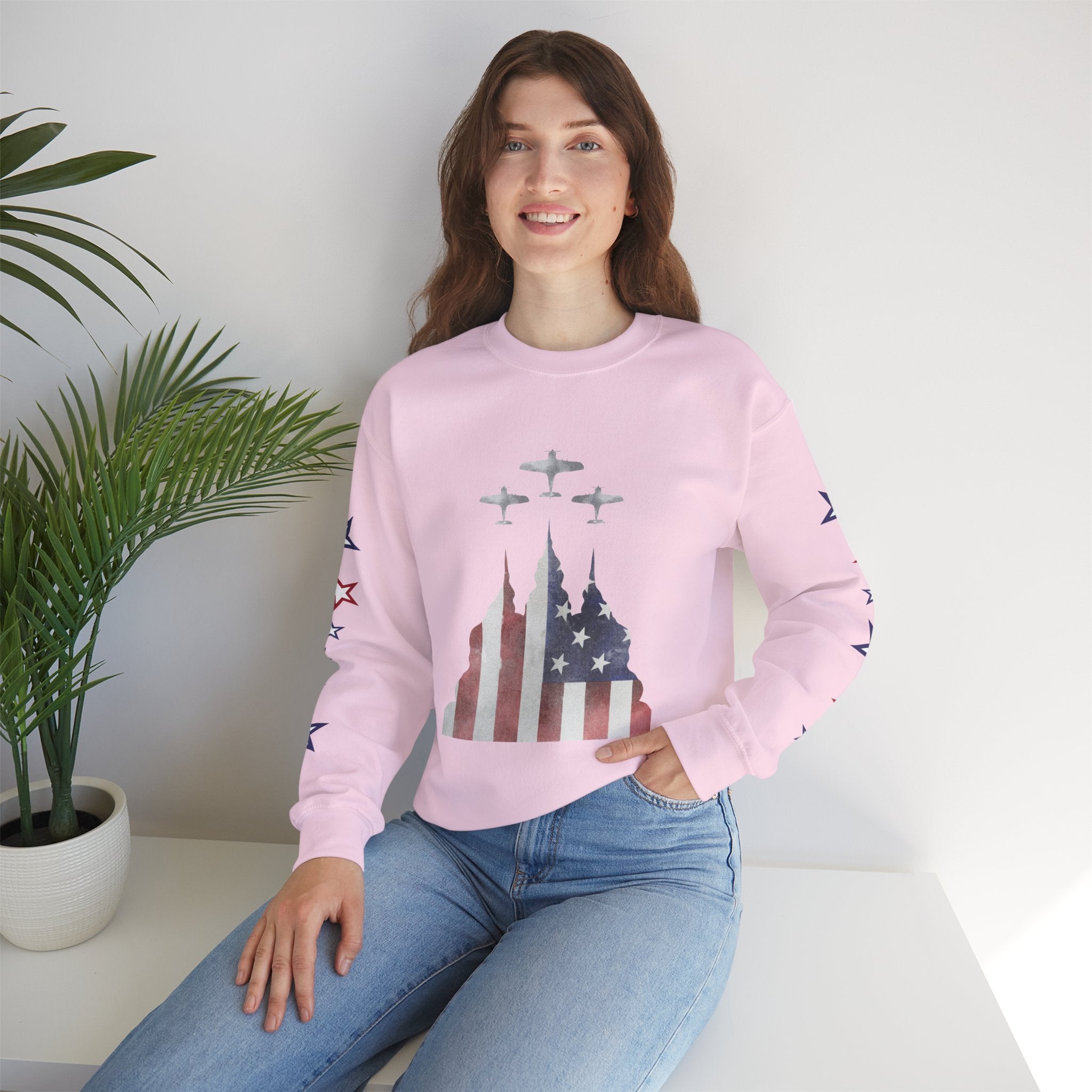 American Flag Castle Crewneck Sweatshirt — Patriotic Stars Sleeve Pullover
