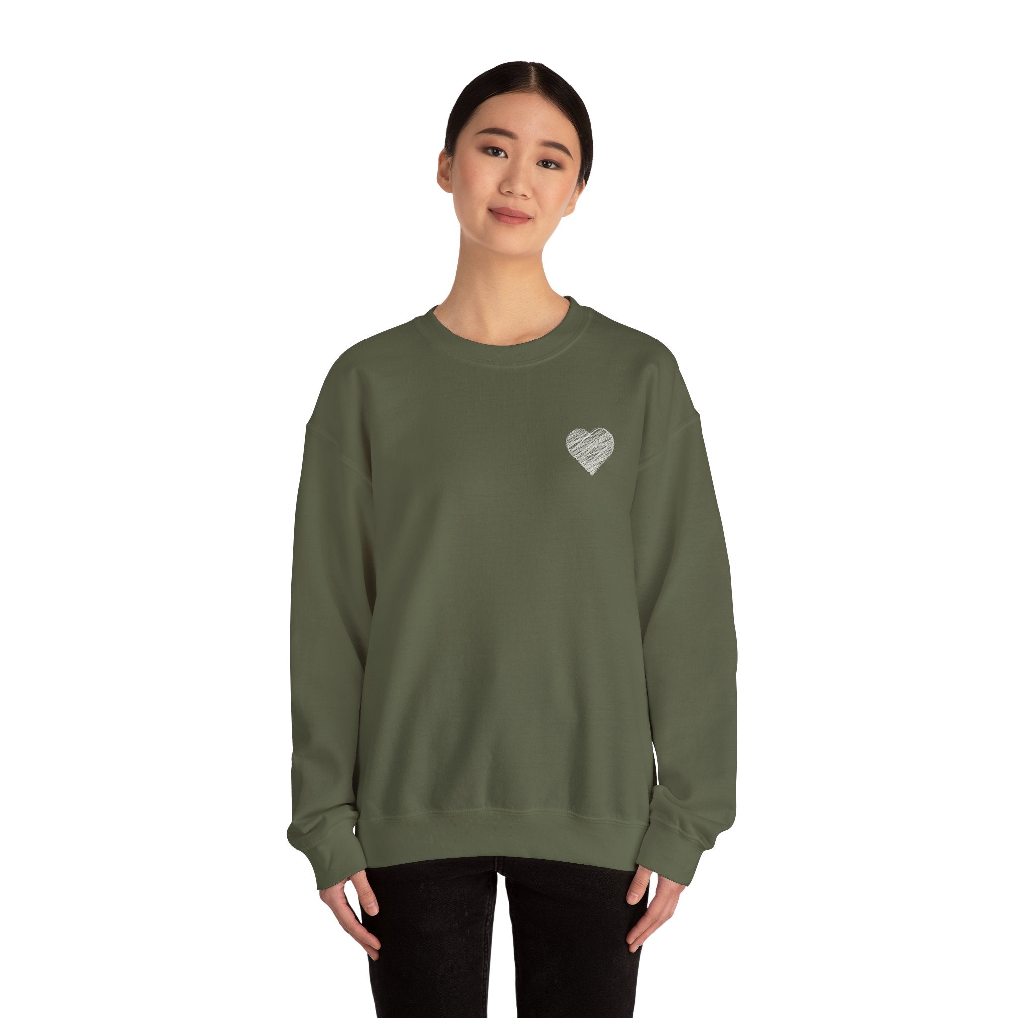 White Crewneck Sweatshirt with Small Gray Heart Chest Design