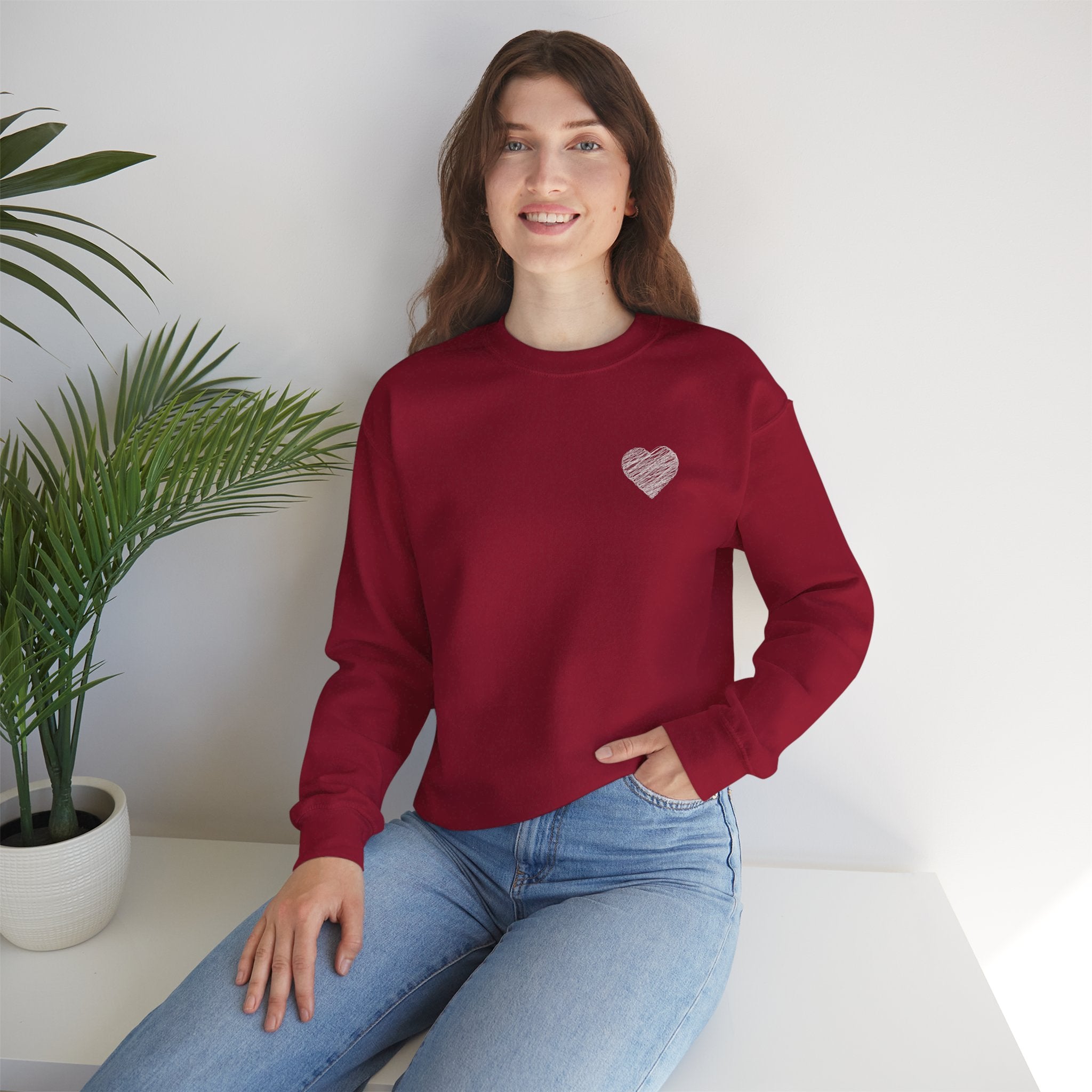 White Crewneck Sweatshirt with Small Gray Heart Chest Design