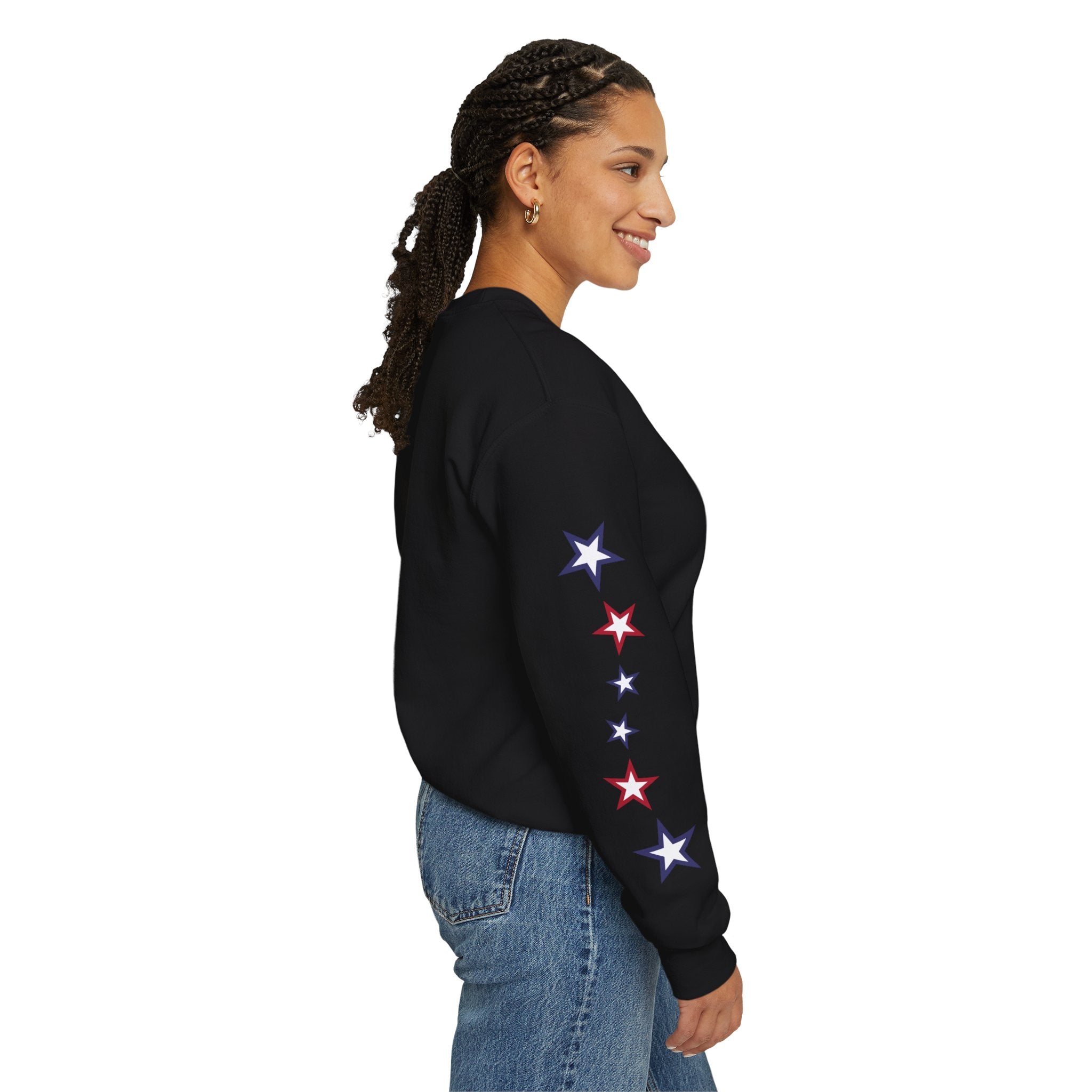 American Flag Castle Crewneck Sweatshirt — Patriotic Stars Sleeve Pullover