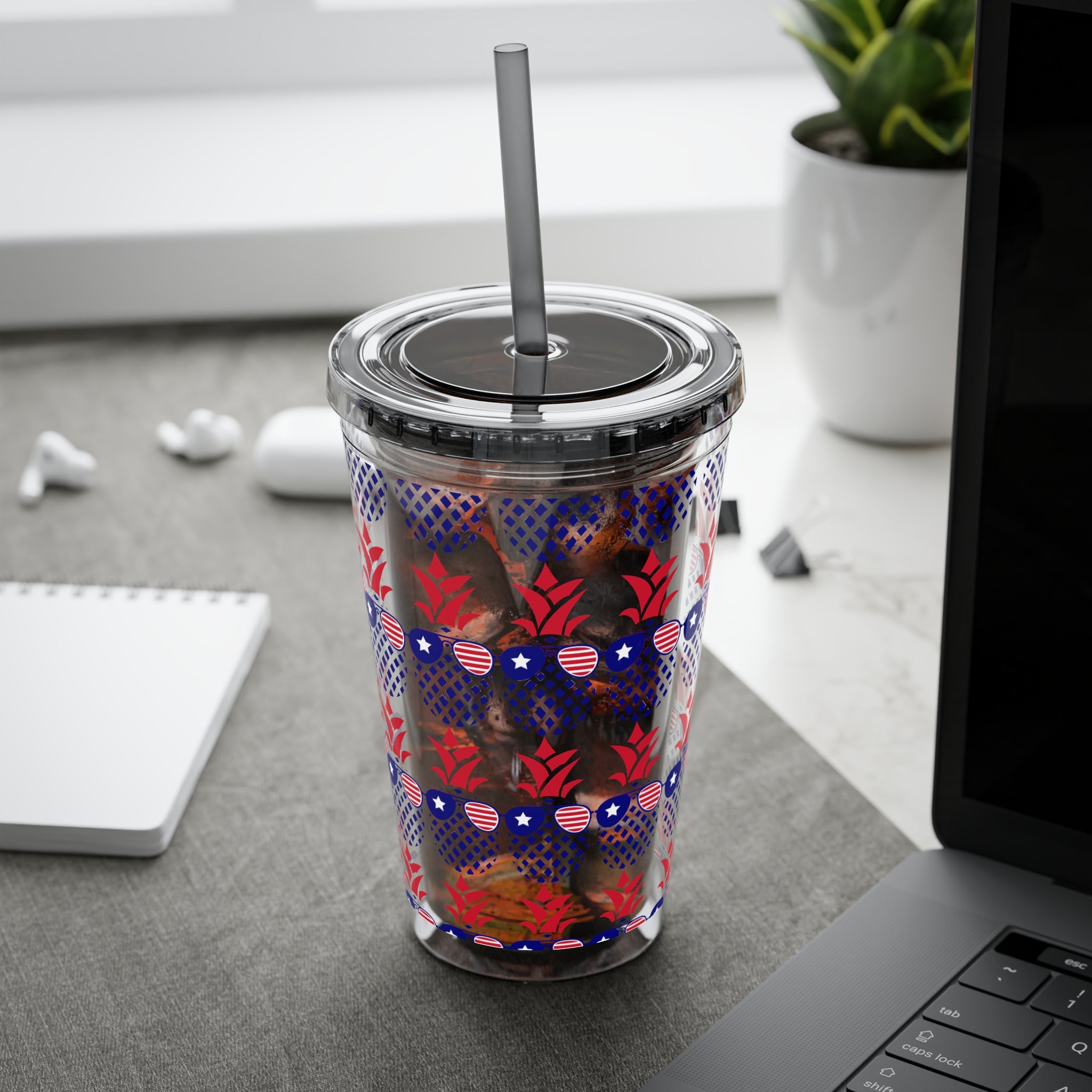 Patriotic Bow 16oz Tumbler with Straw — Red, White & Blue Stars Design