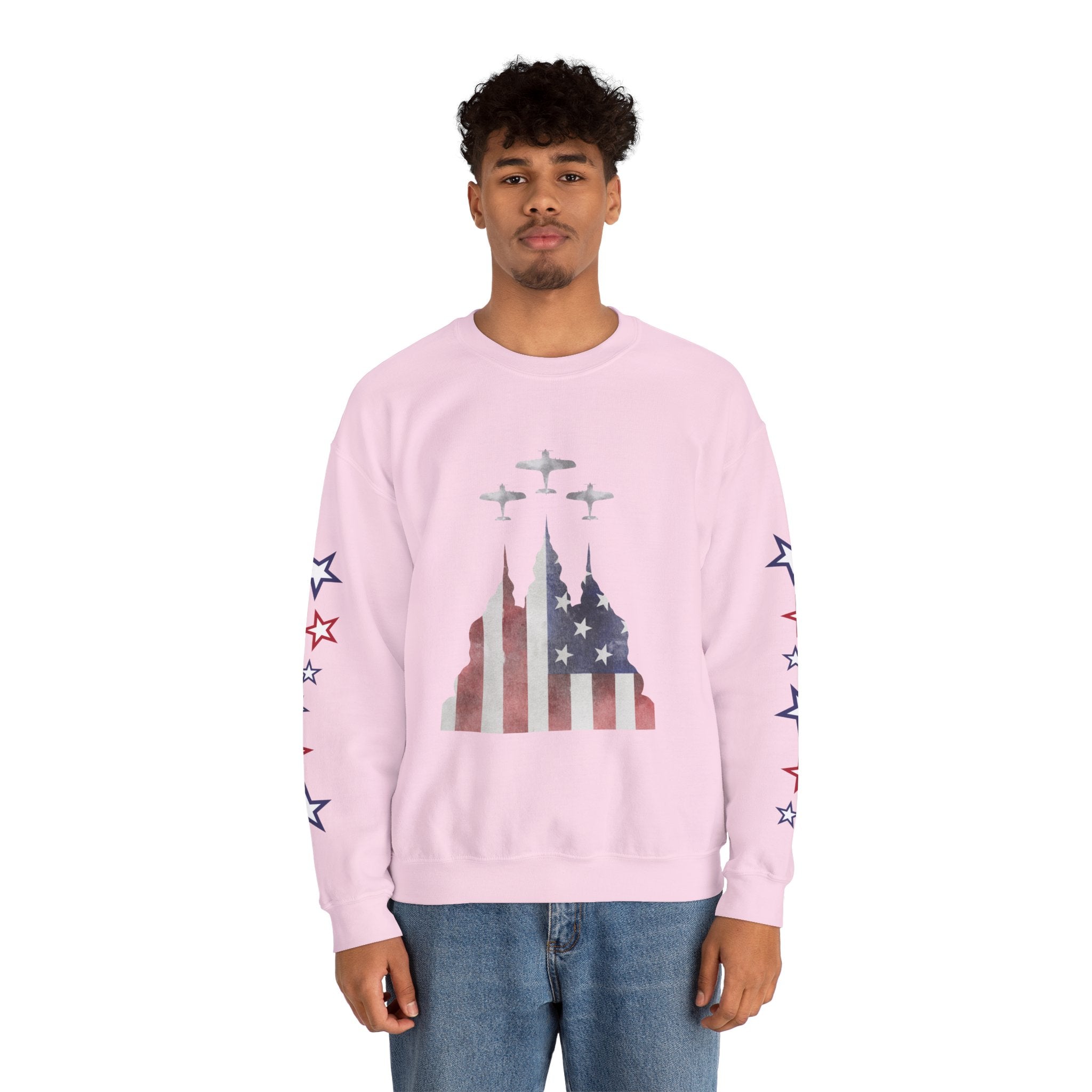 American Flag Castle Crewneck Sweatshirt — Patriotic Stars Sleeve Pullover