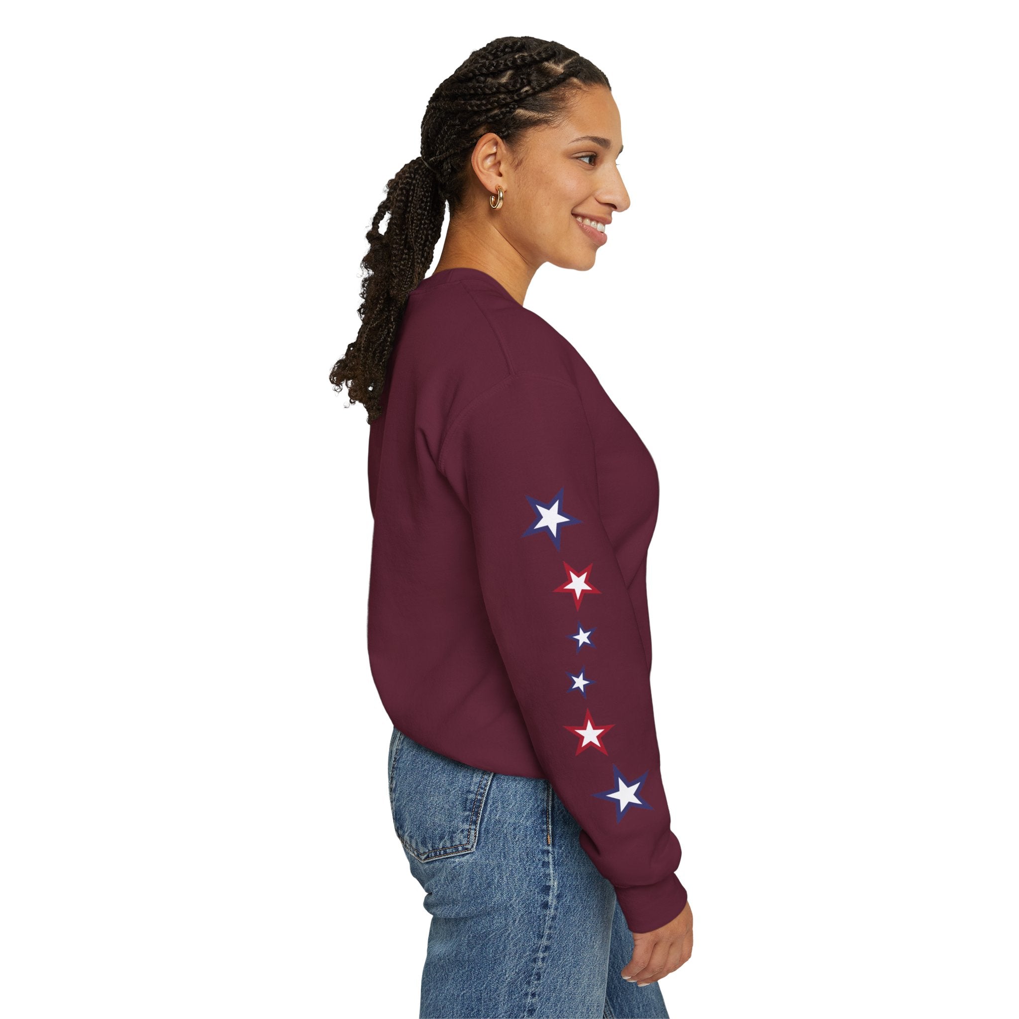 American Flag Castle Crewneck Sweatshirt — Patriotic Stars Sleeve Pullover