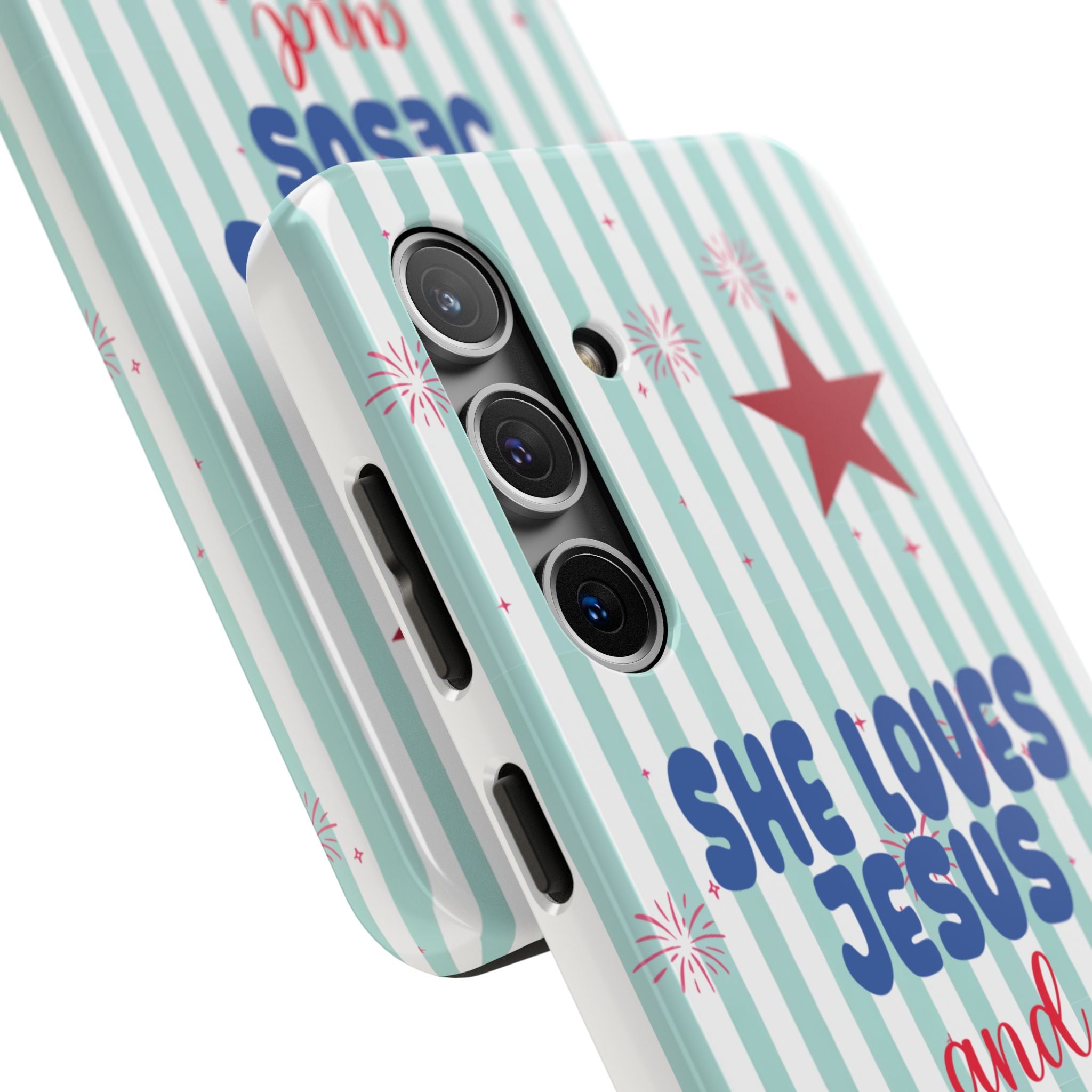 She Loves Jesus and American Too Tough Phone Case — Patriotic Faith iPhone Cover