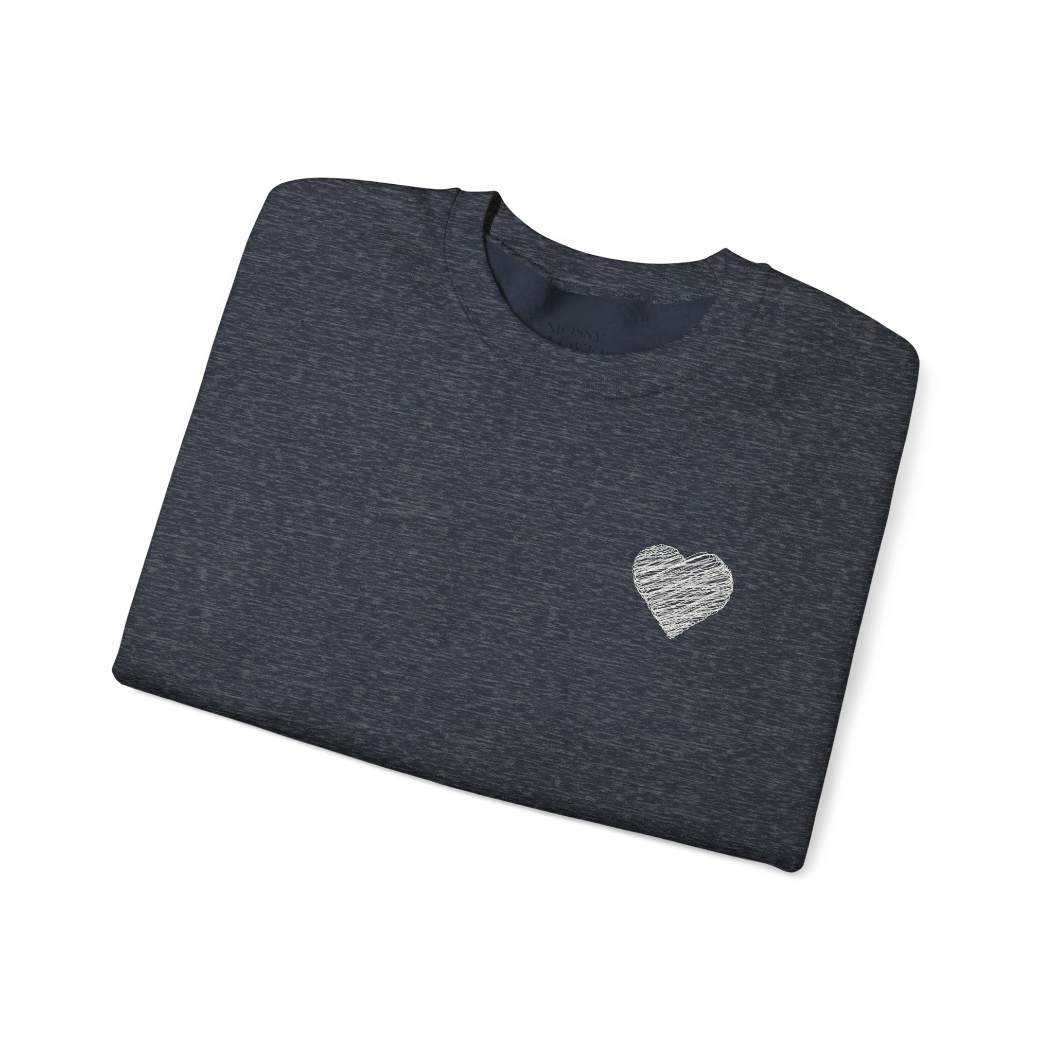 White Crewneck Sweatshirt with Small Gray Heart Chest Design