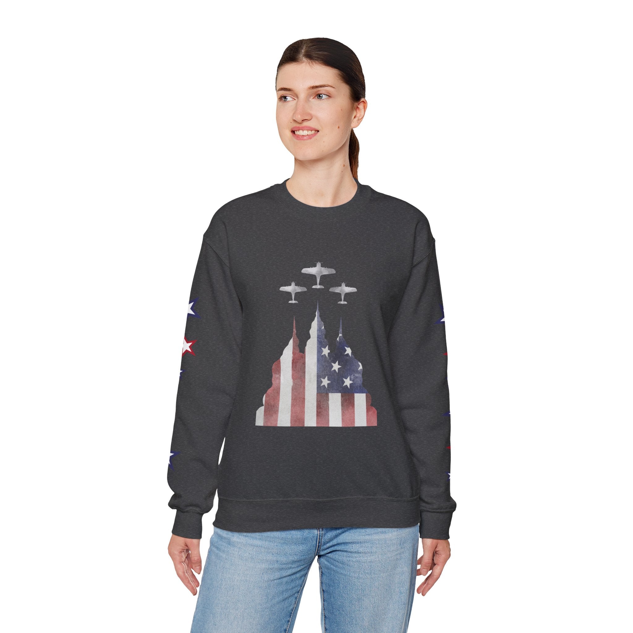 American Flag Castle Crewneck Sweatshirt — Patriotic Stars Sleeve Pullover