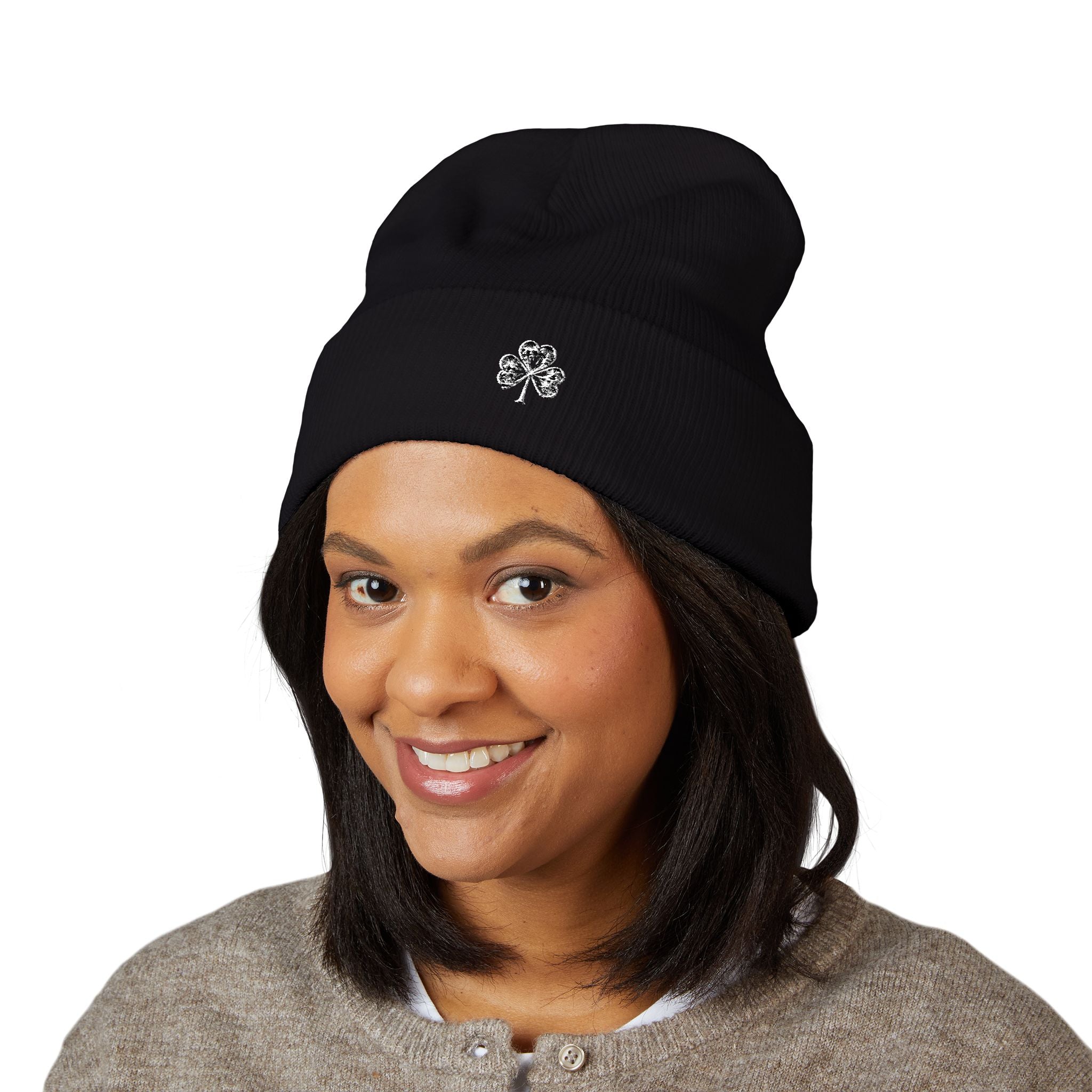 Embroidered Mossy Clover Cuffed Beanie