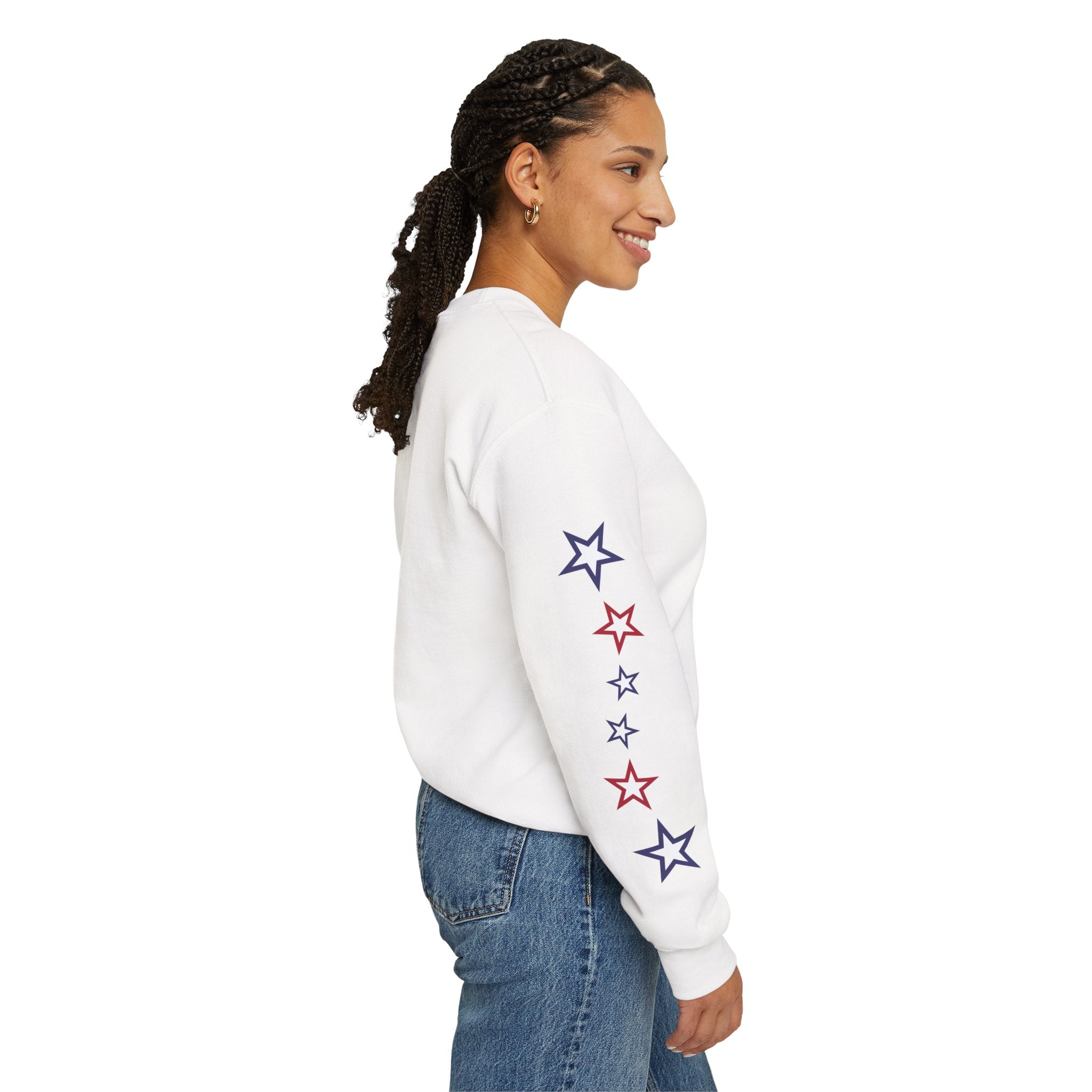 American Flag Castle Crewneck Sweatshirt — Patriotic Stars Sleeve Pullover