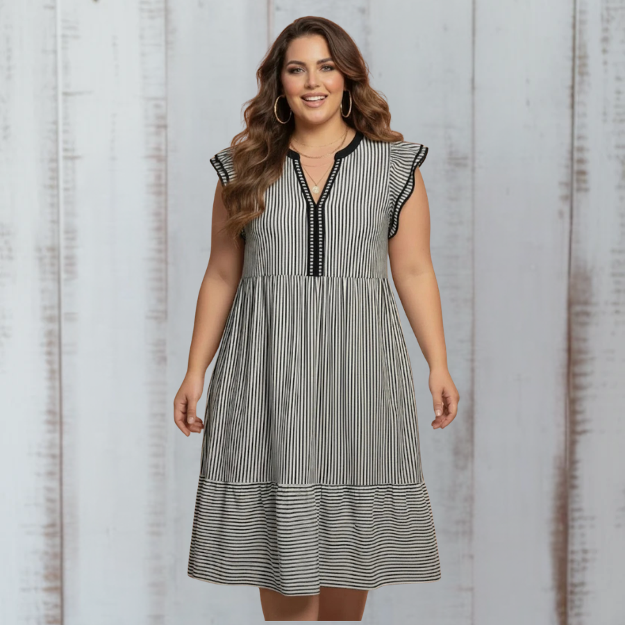 Plus Size Stripe Flutter Sleeve V-Neck Maxi Dress