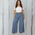 Plus Size Stripe Denim Buttoned Wide Leg Pants