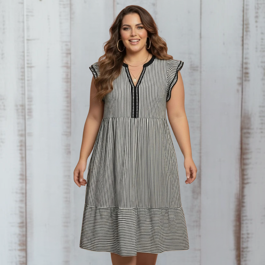 Plus Size Stripe Flutter Sleeve V-Neck Maxi Dress