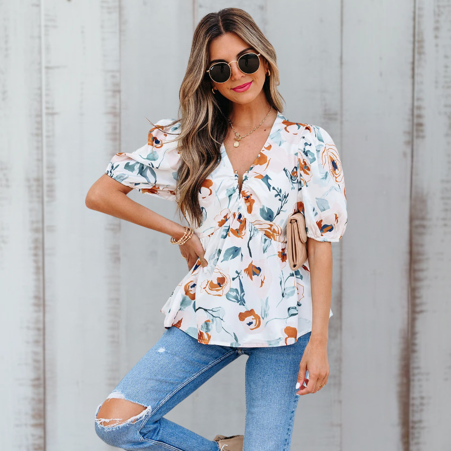 Floral Puff Sleeve V-Neck Babydoll Blouse