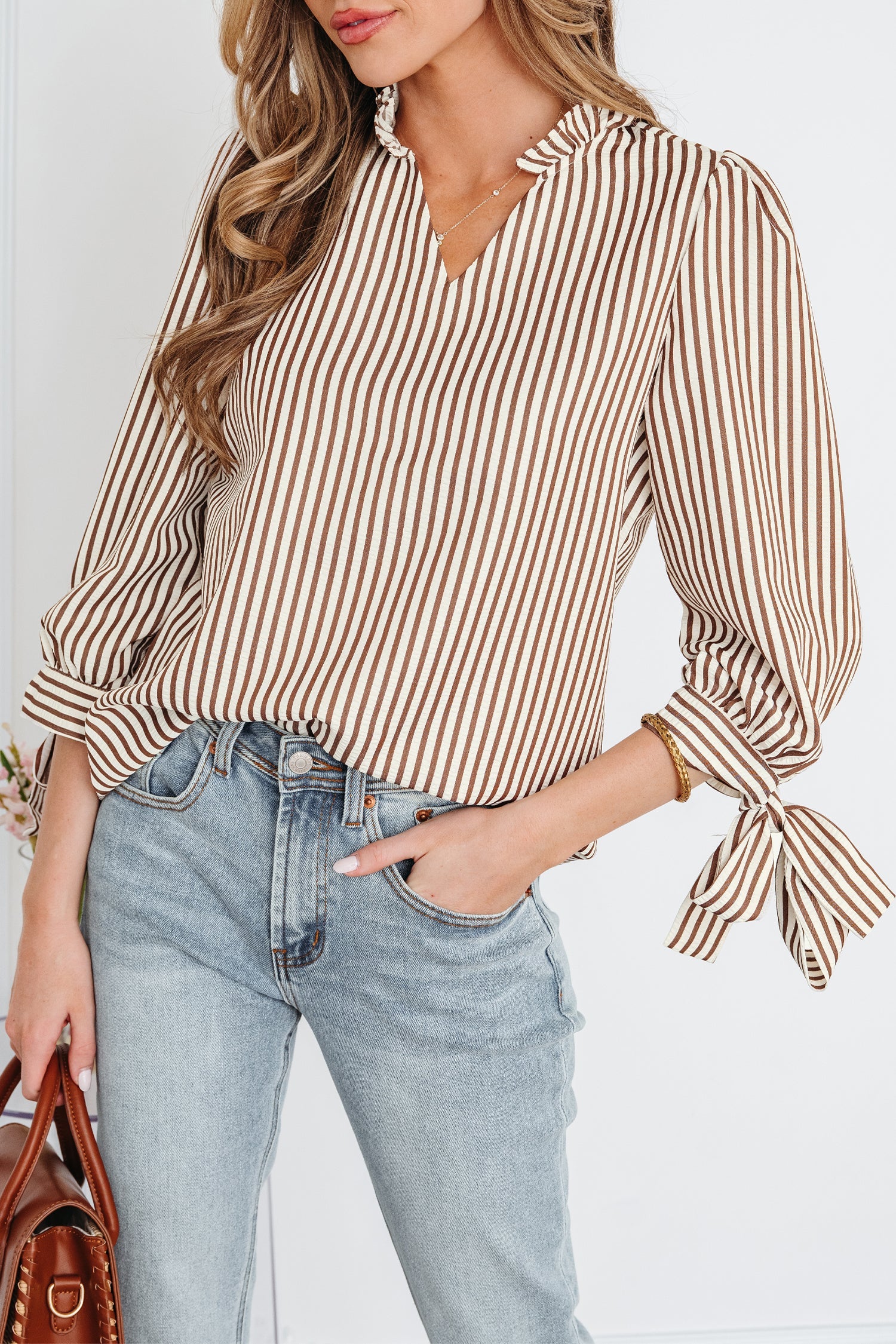 Blair Seersucker Blouse — Tie-Cuff Stripe Top