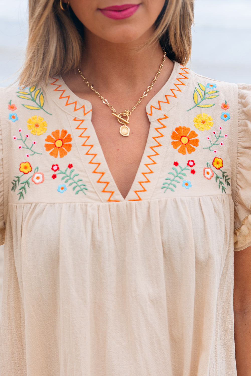Linen Embroidery Pom Pom Ruffle Dress