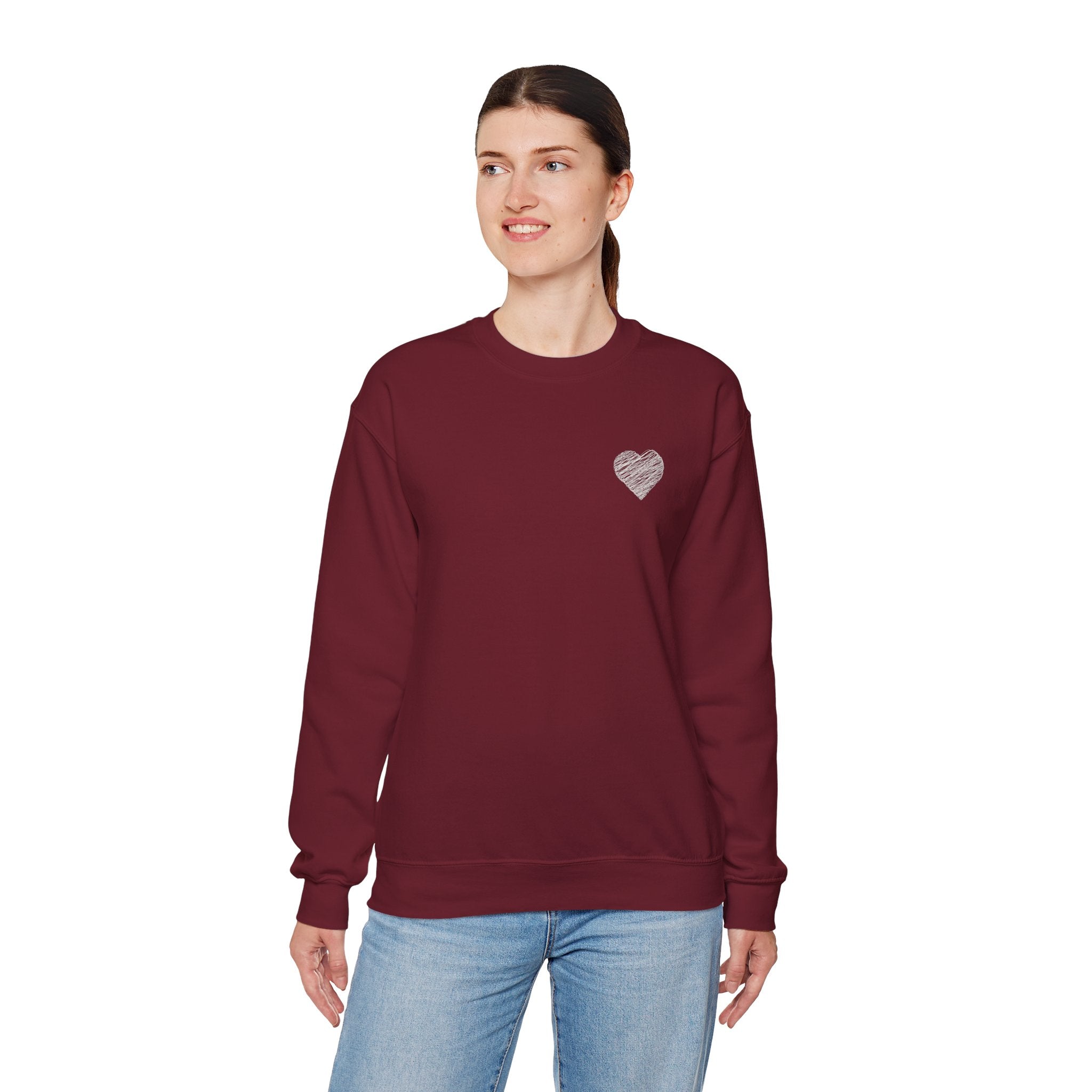 White Crewneck Sweatshirt with Small Gray Heart Chest Design